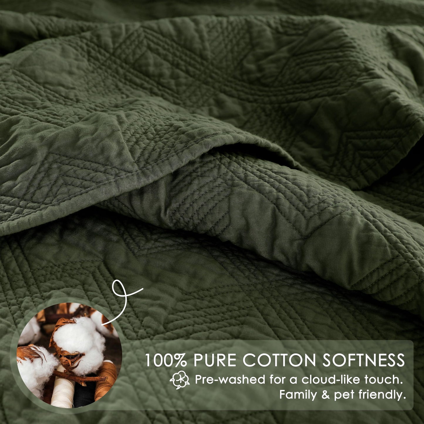 WDCOZY 100% Cotton Queen Size Quilt Set - Olive Green Pre-Washed Soft Lightweight Modern Bedspread, Farmhouse Country Rustic Coverlet, Textured Like Linen, Shabby Chic Gauze Bedding, 3 Pieces