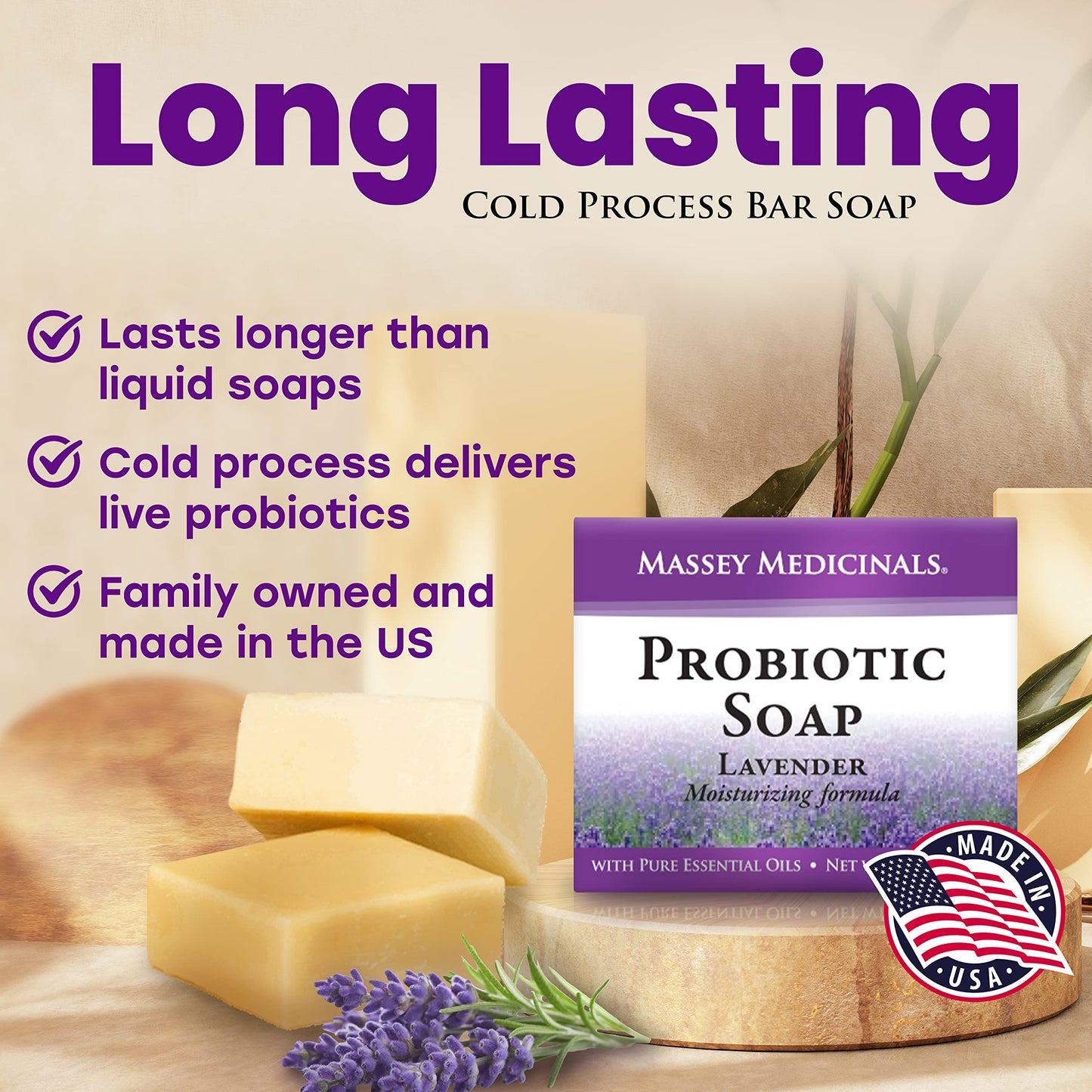 Candida Freedom Massey's Natural Probiotic Soap Bar - Lavender Scented - For Men and Women of All Ages - Refreshing Body Essential with 100% Natural Ingredients - 4oz Bar (Pack of 3)