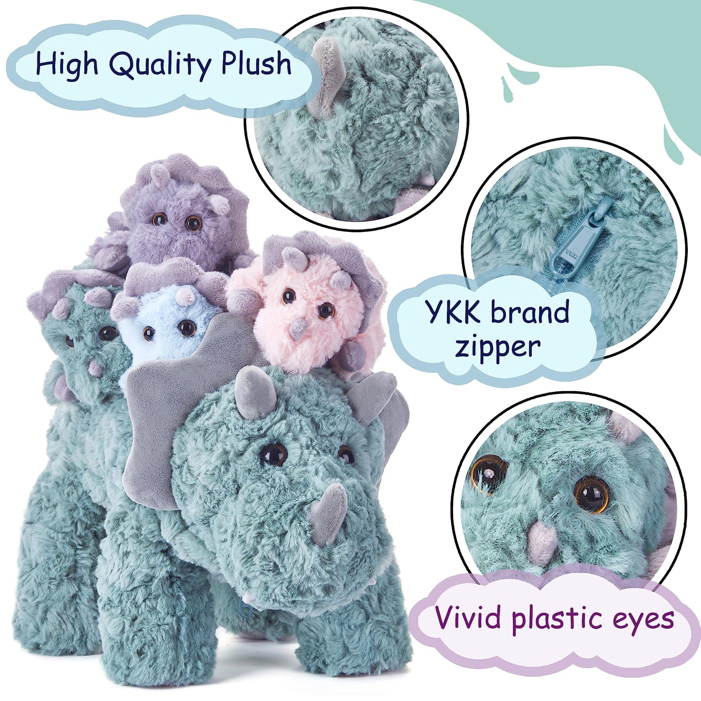 EARTHSOUND Triceratops Dinosaur Mom and Baby Stuffed Animal Mommy Plush,18" Cute Small Mama Soft Toy with Little Babies,Gift for Kid (Triceratops)