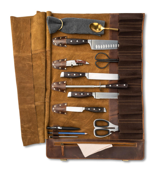 Angus Stoke premium leather knife roll storage bag XXL - 14 pockets, buffalo leather with shoulder strap, chef's knife bag case Rene (Walnut-Brown)