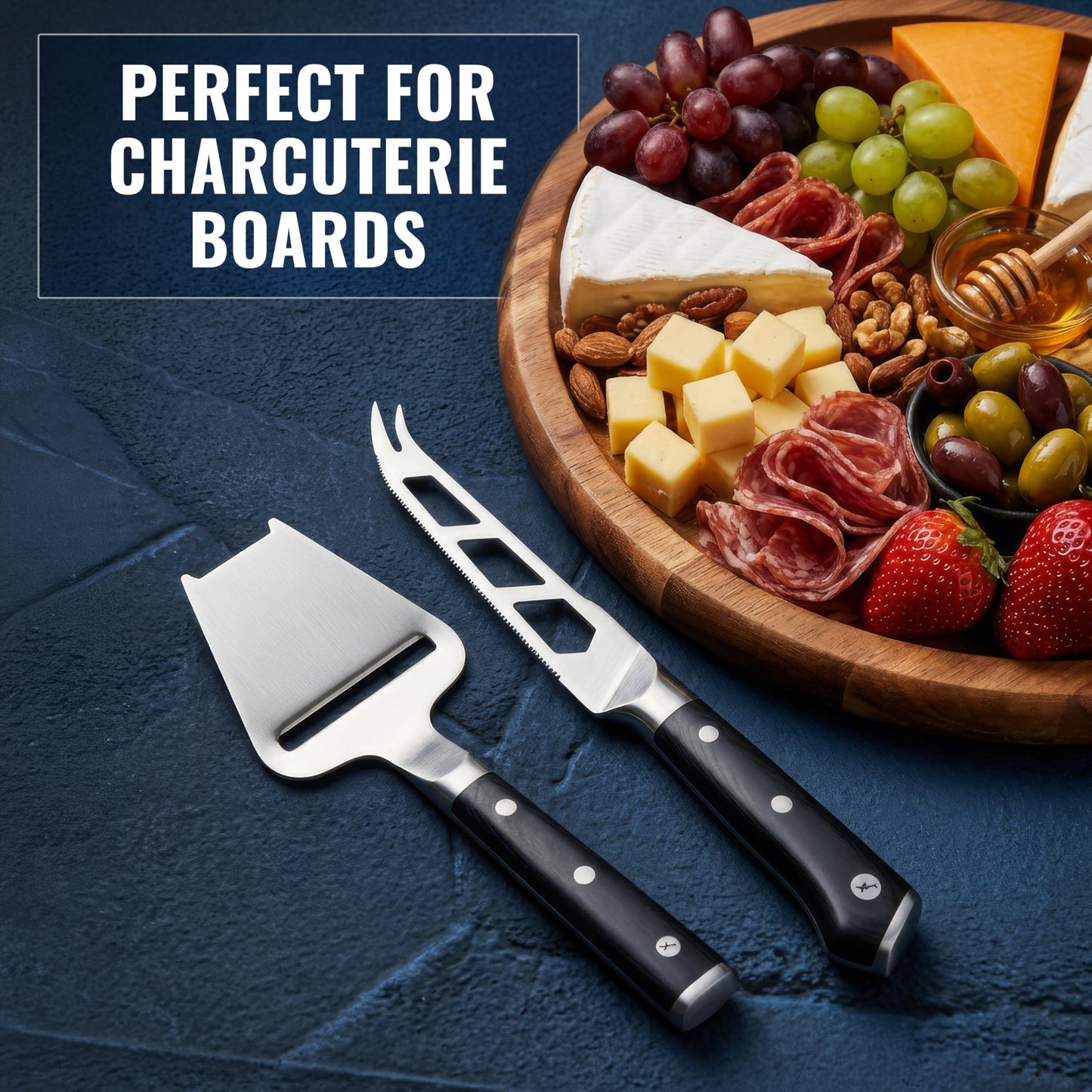 Cutluxe 2-PCS Cheese Knife Set – 5″ Stainless Steel Knife & 3.5″ Slicer for Soft & Hard Cheeses - Sharp Blades, Pronged & Non-Stick, Pakkawood Handles - Cheese Knives For Charcuterie Board