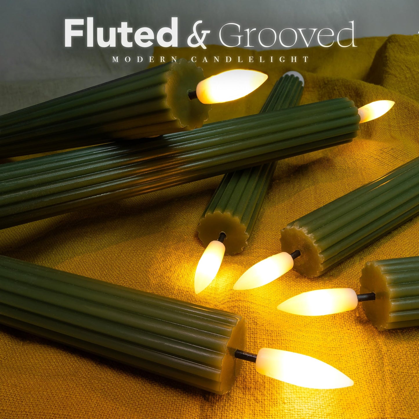 West Ivory 6 Pack, 10" LED Flameless Real Wax Sage Olive Loden Green Fluted Ribbed Grooved Taper Candles, Remote & 24h Timer Memory, On/Off Button, Dimmable, Flicker Mode, Battery Operated, Wedding