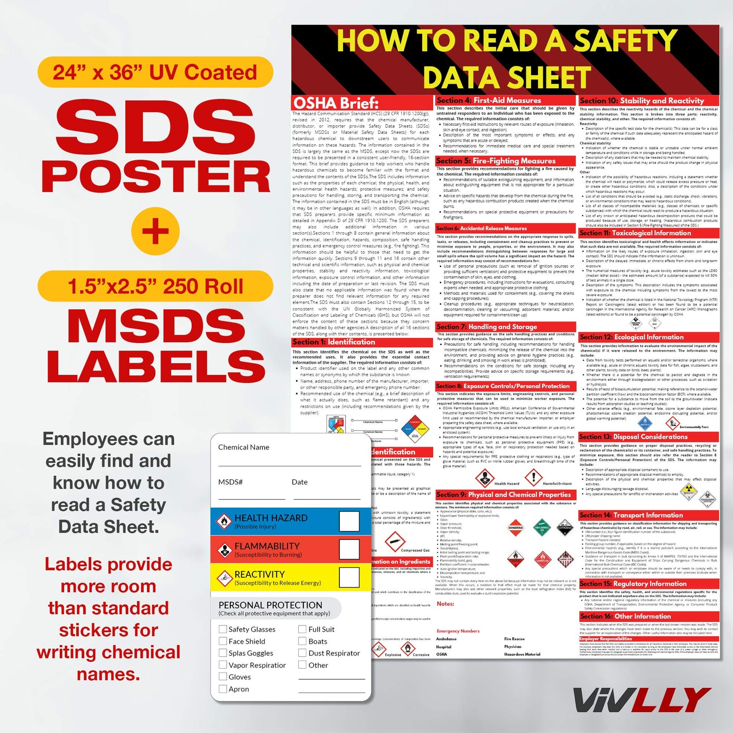 MSDS Wall Station - 3 Inch 3 Ring Material Safety Data Sheet Binder with SDS Wire Rack and Display Sign, Chain, Mounting Hardware, SDS Poster, MSDS Labels - Bilingual Heavy Duty OSHA Yellow Binder