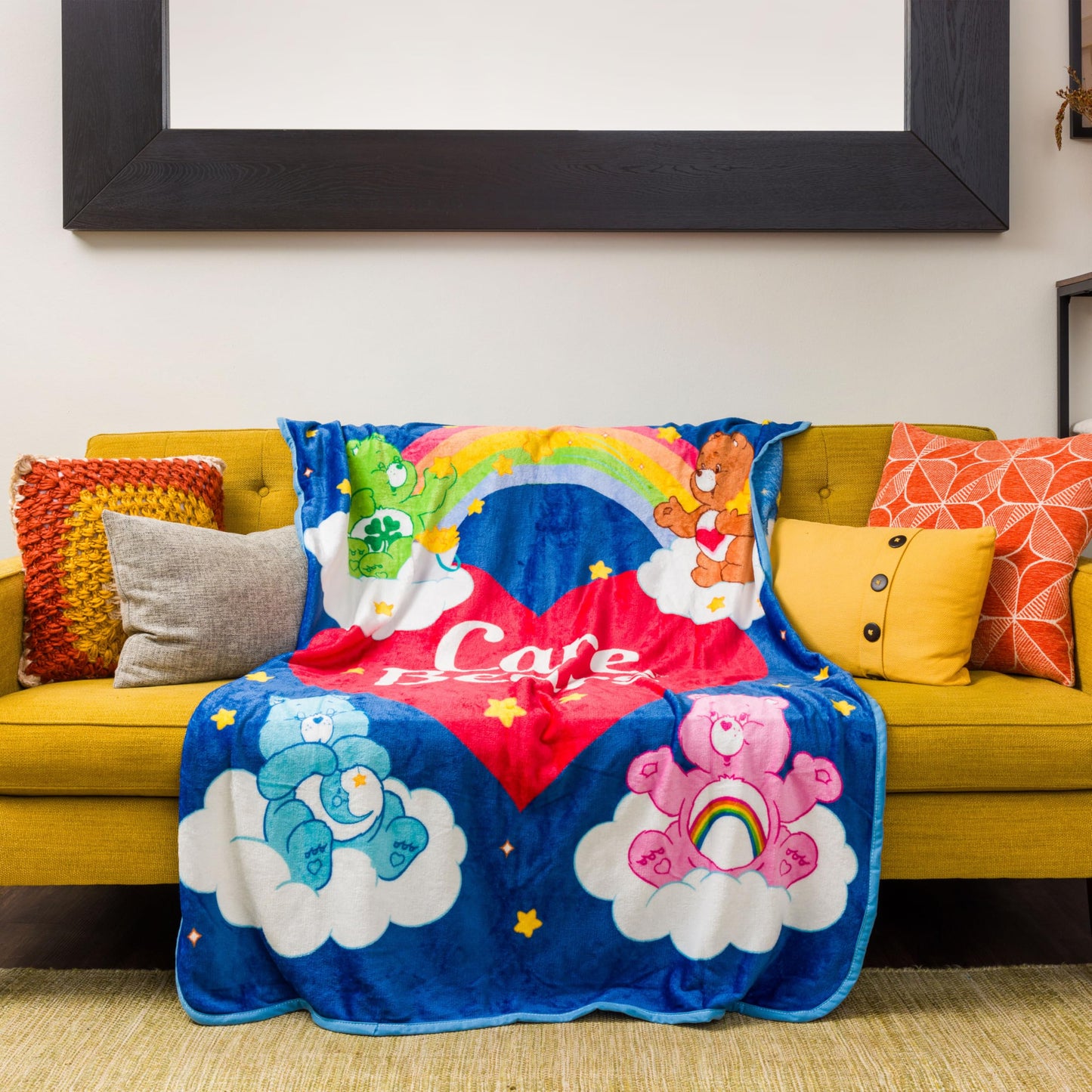 Silver Buffalo Care Bears Rainbow Heart Logo Featuring Cheer, Bedtime, and Tenderheart Bear 45” x 60” Fleece Throw, Soft and Cozy Blanket, 180 GSM
