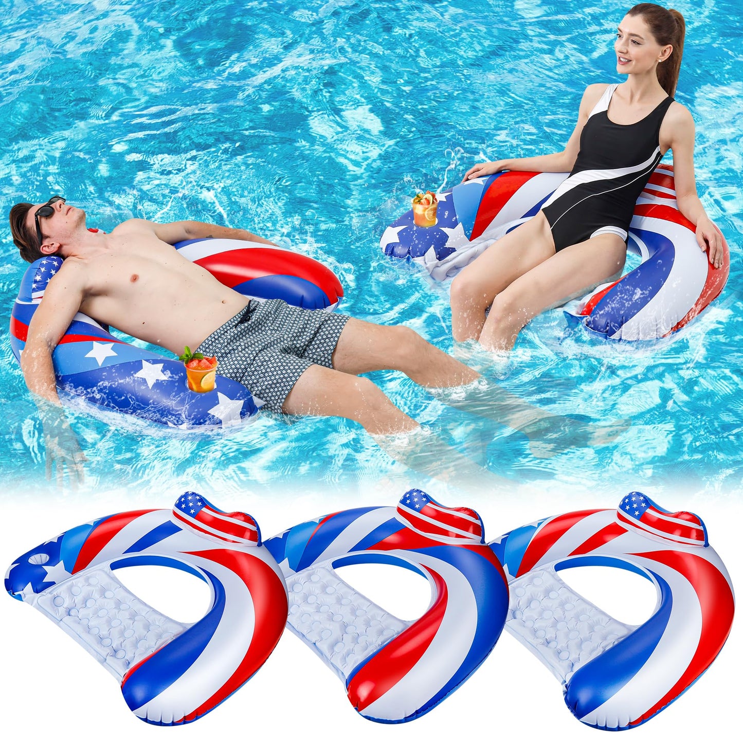 SEETOHOME 3 Pack Pool Floats Chair Adult with Drink Holder, Inflatable Floating Pool Chairs for Adults Swimming Pool Party Lake River Summer Water Fun