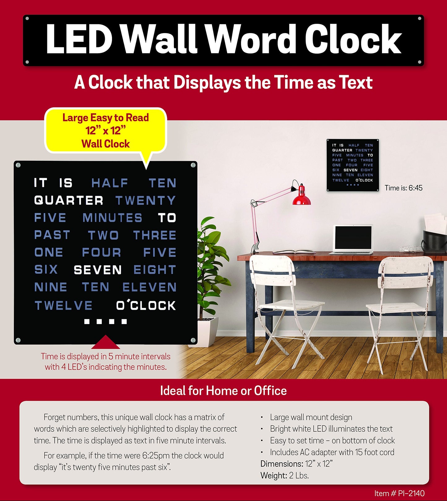Tech Tools LED Word Clock - Displays Time as Text - Powered by AC Adapter (12" x 12")