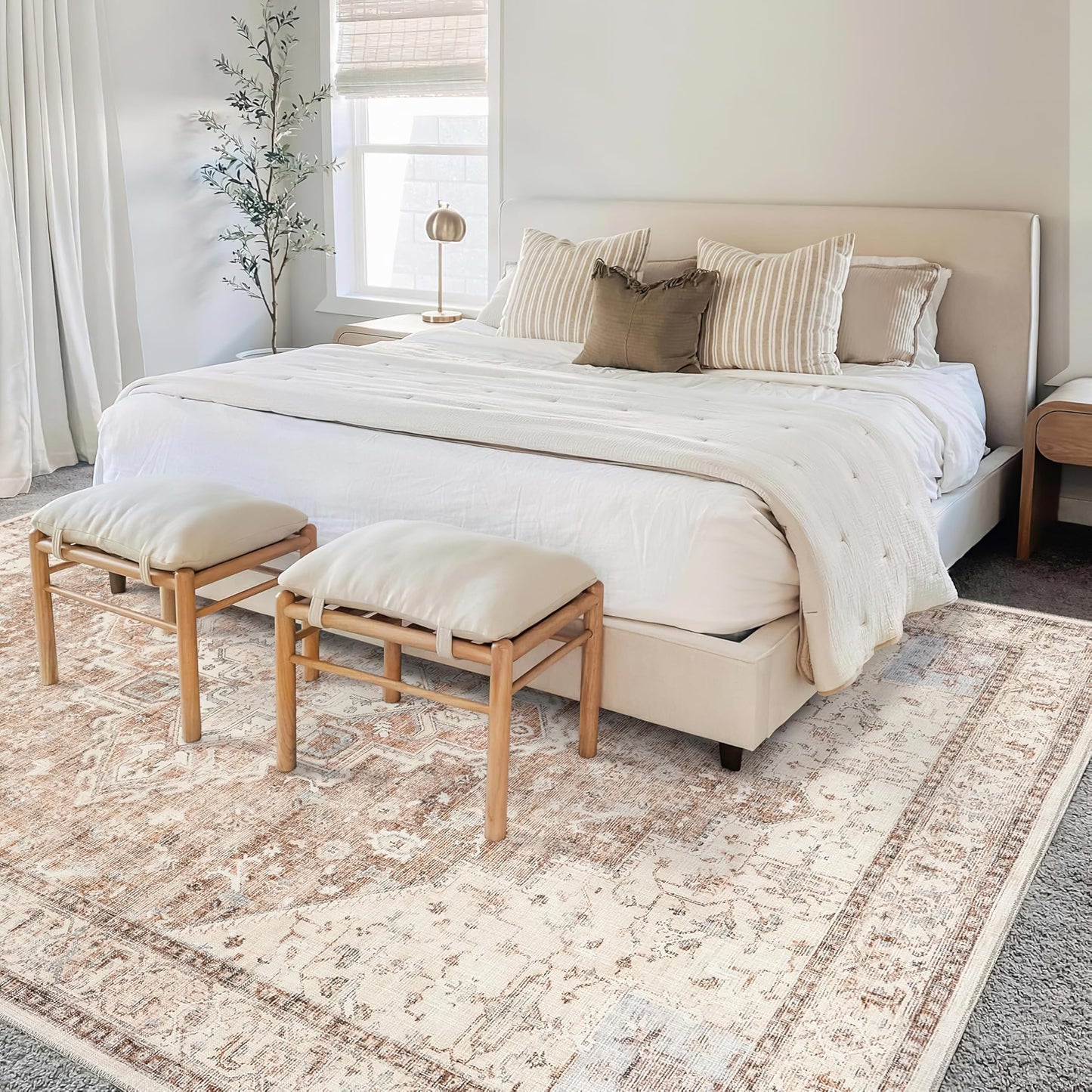 BILEEHOME Boho Farmhouse Bedroom Rug Washable Easy Clean Stain Resistant Vintage Country Rustic Neutral Persian Area Rug for Dining Room Under Table,Light Tan Brown Beig with Terracotta Pattern,5x8