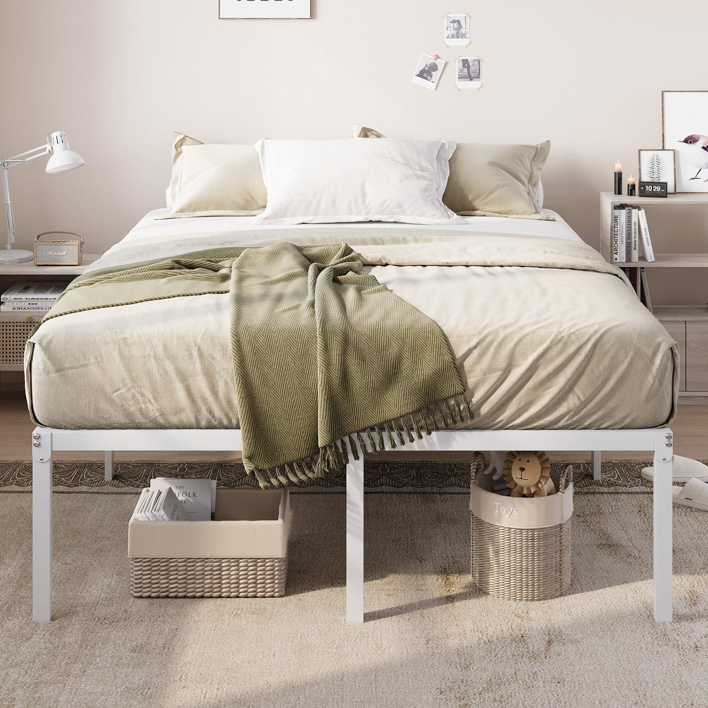 Allewie Queen Bed Frame, 18 Inch Metal Platform Beds with Storage Space, No Box Spring Needed and Easy Assembly, White