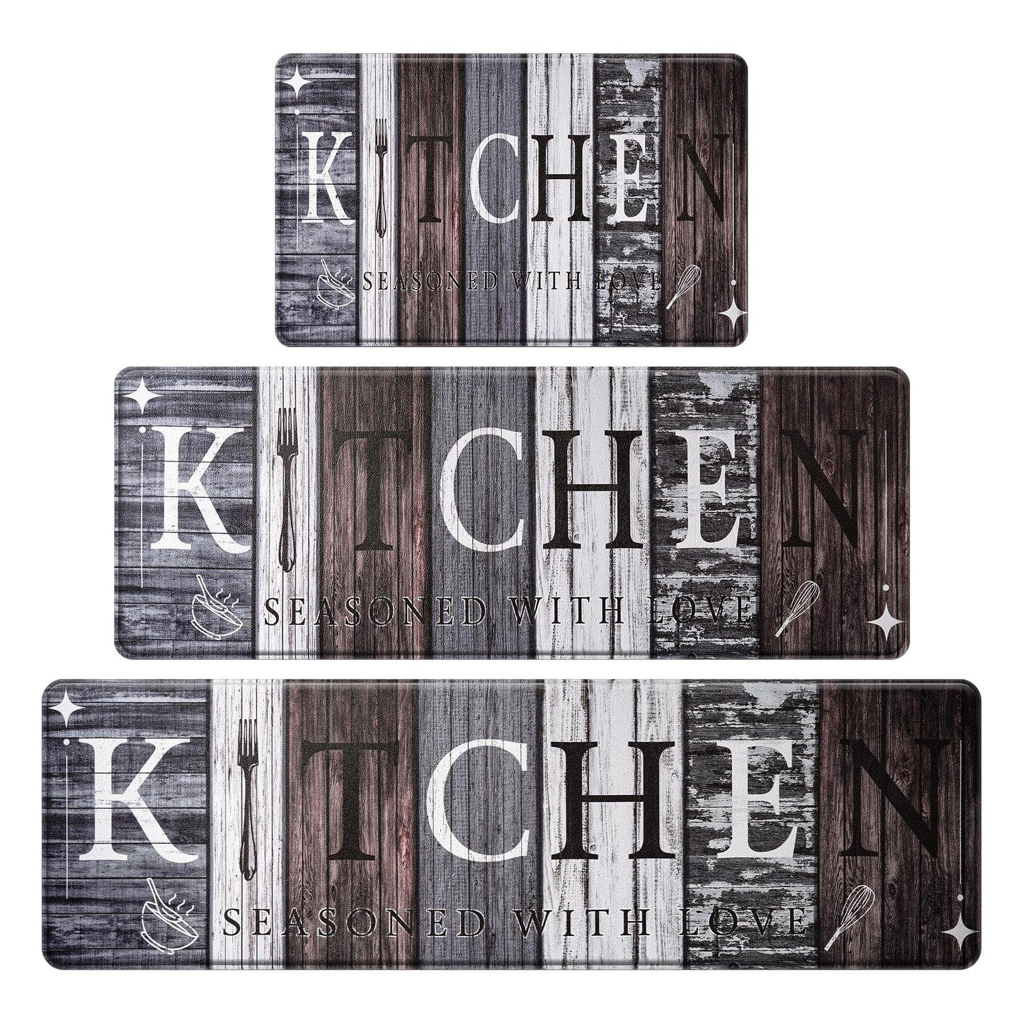 CHICNOOK PVC Farmhouse Kitchen Mats for Floor Set of 3, Wooden Board Theme Kitchen Rugs, Kitchen Rugs Non-Slip Washable, Anti Fatigue Kitchen Mat for Sink Office Laundry,18"x30"+18"x48"+18"x60" Inches