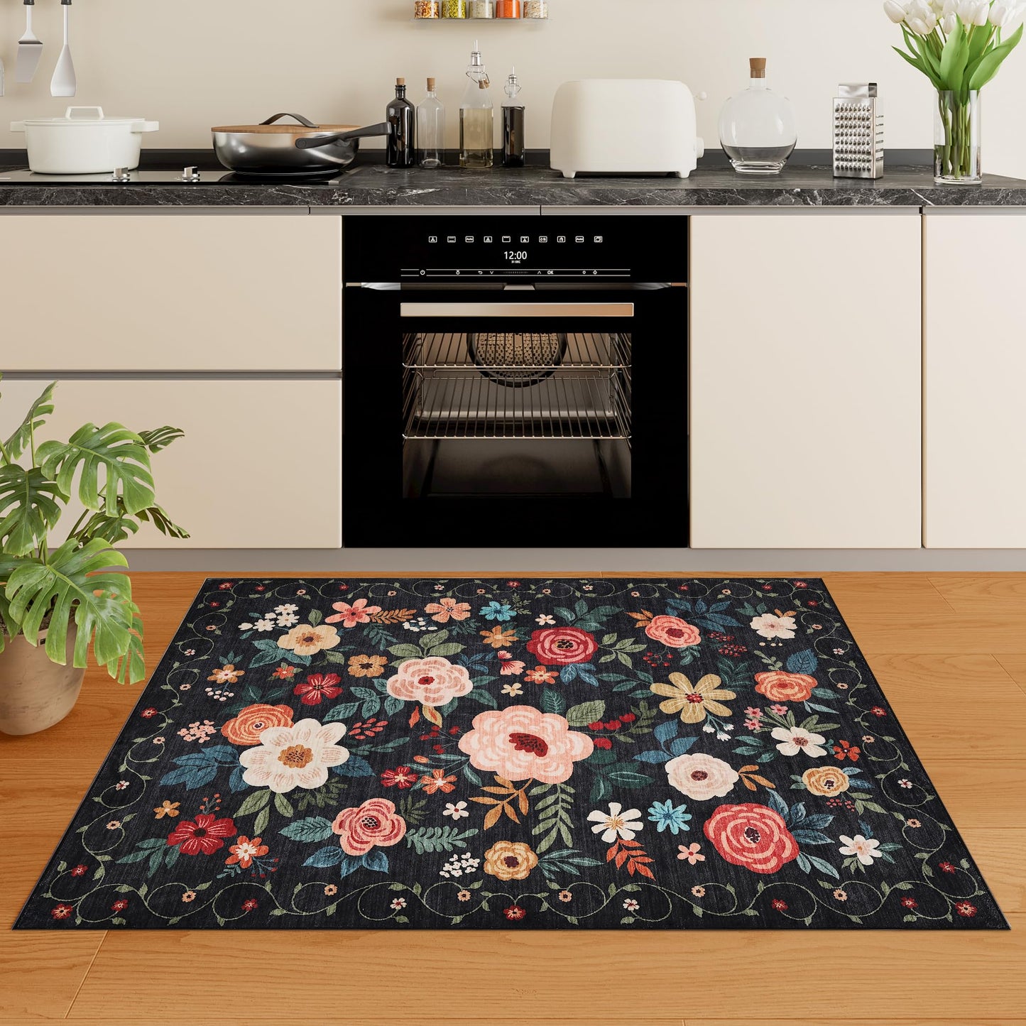 DUKINO 3x4 Area Rug, Lightweight Non Slip Washable Floral Rug, Indoor Low Pile & Non-Shedding Boho Design Carpets for Bedroom, Kitchen, Dining Room, Black