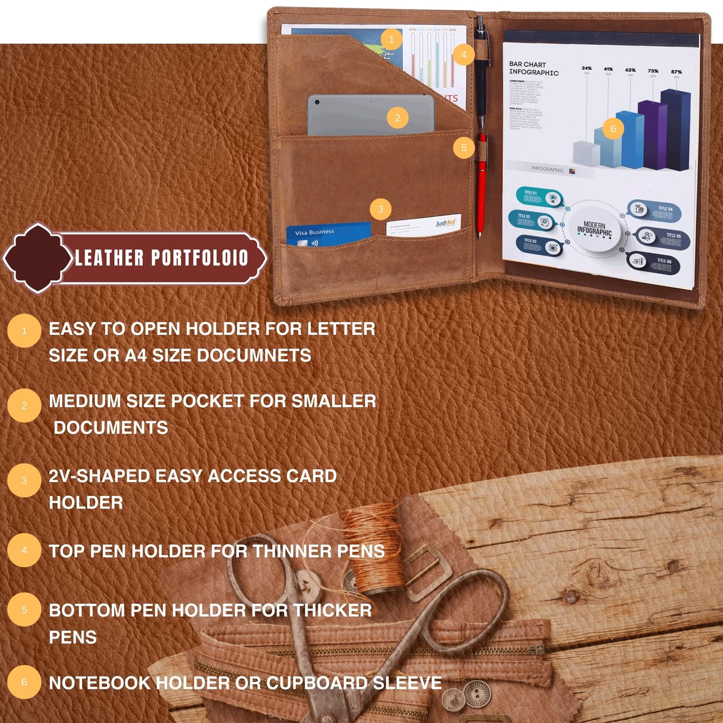 Succor Genuine Leather Portfolio – A4 Business Padfolio & Document Holder, Professional Leather Binder Organizer for Men & Women, Resume Folder, 13x10 Inch, Hunter Brown