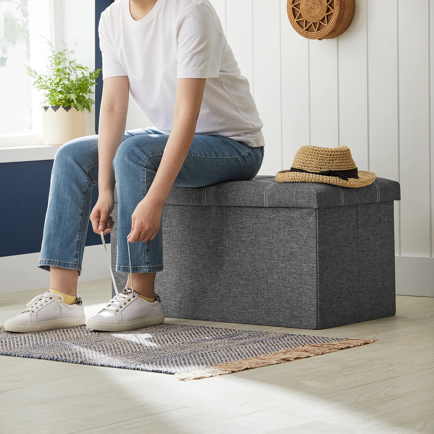 SONGMICS Mazie Collection - 30 Inches Ottoman Storage Bench, 21 Gal. Folding Chest with Breathable Linen-Look Fabric, Load up to 660 lb, for Entryway, Living Room, Bedroom, Dark Gray ULSF001G01