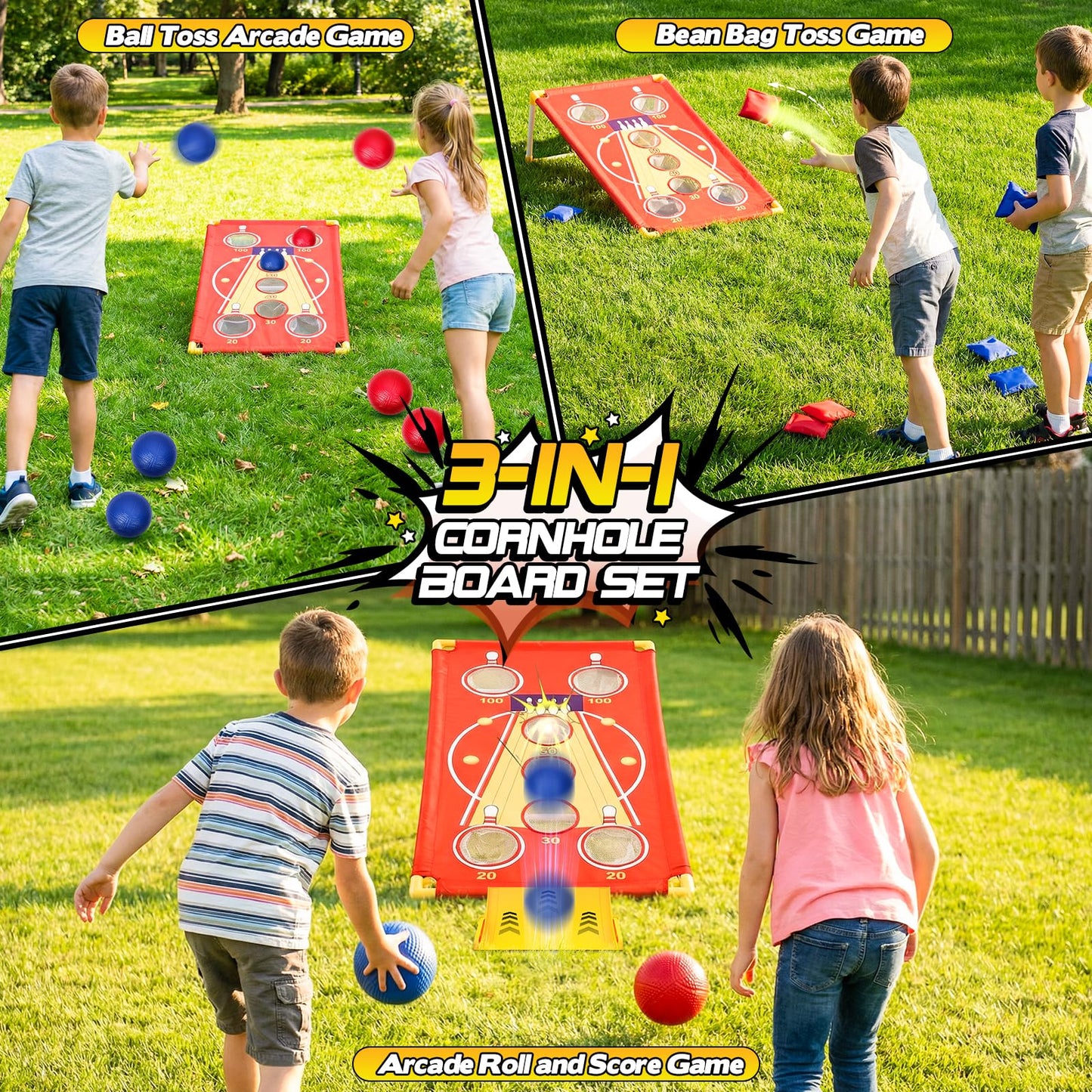 3-in-1 Cornhole Board Set Arcade Roll & Score, Bean Bag Toss & Ball Toss Game, Outdoor Carnival Party Toys for Kids & Adults, Backyard Yard Games for Camping, Family Reunion, Field Day