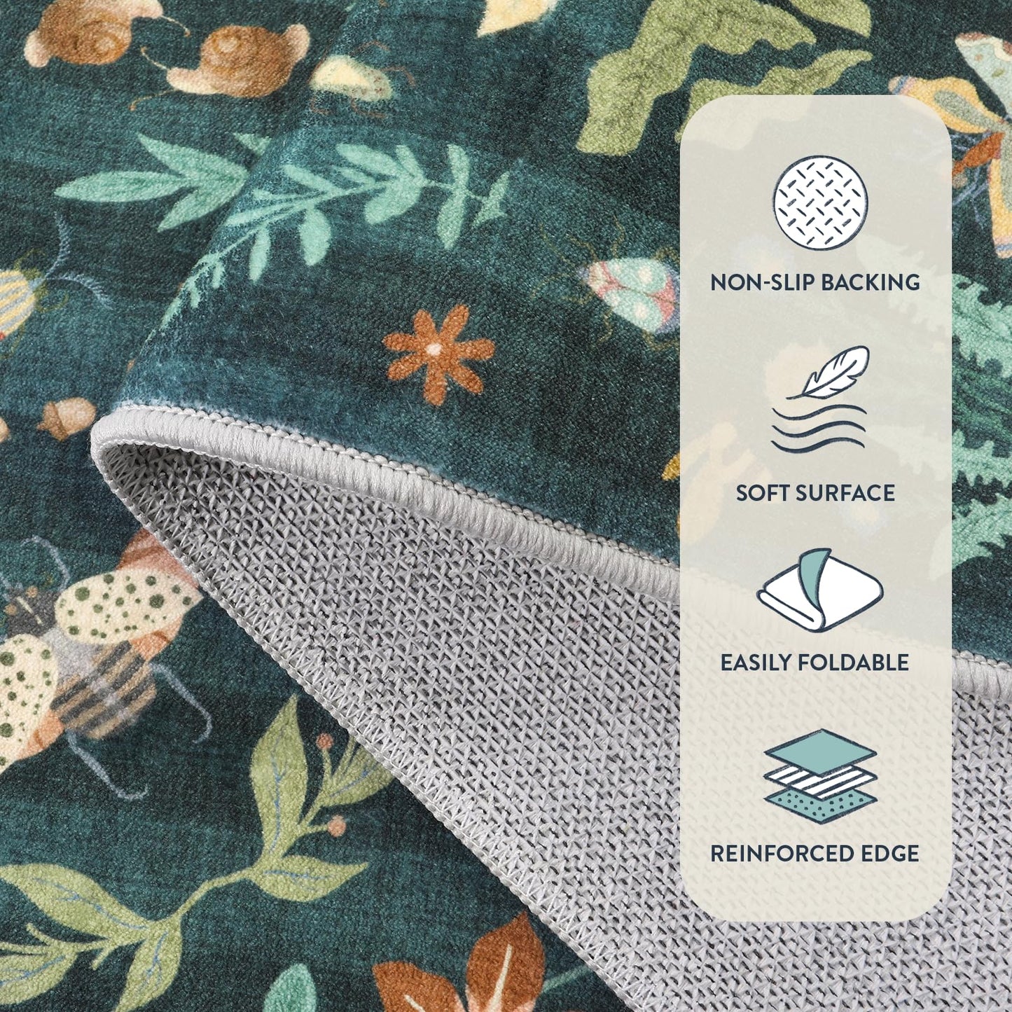 Lahome Insect Botanical Washable 5x7 Area Rugs for Living Room, Non Slip Green Rug for Bedroom, Boho Indoor Throw Dining Room Carpet for Under Table Entryway Kitchen Office(Dark Green,5x7)