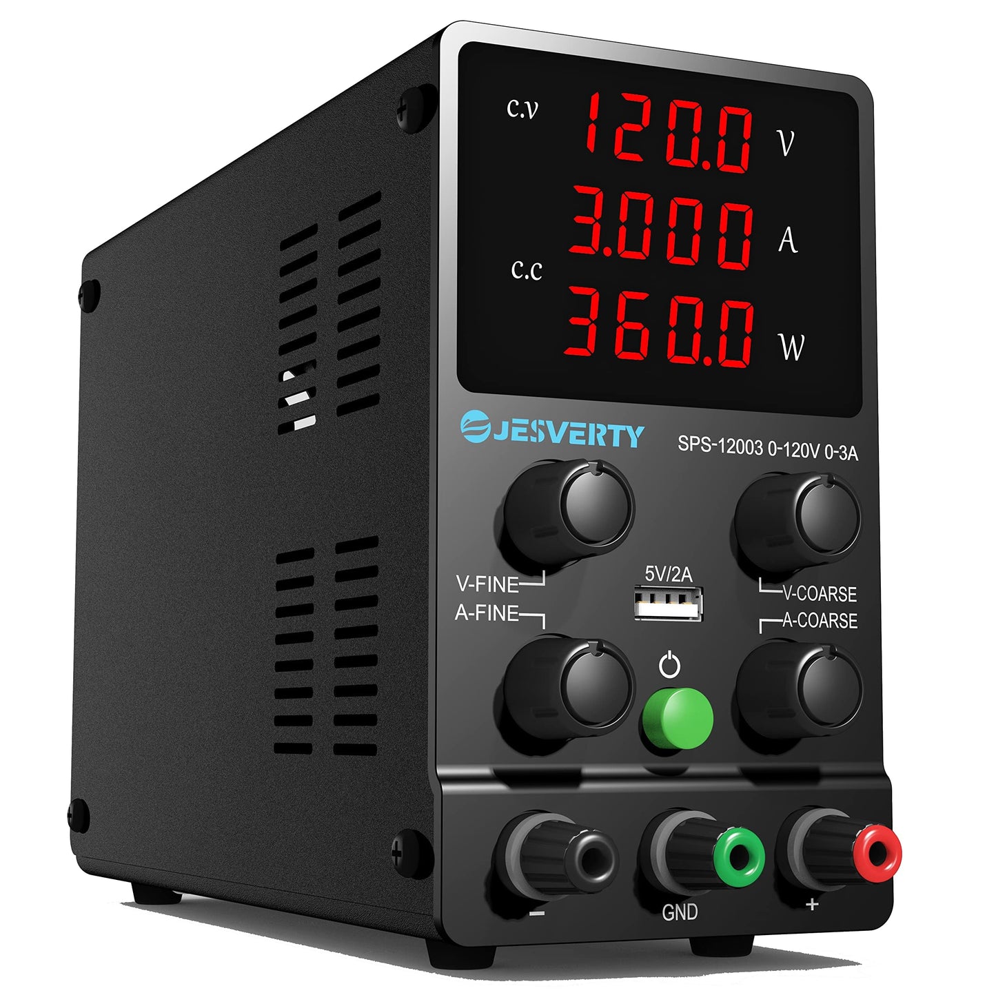 Jesverty DC Power Supply Variable, 0-120V 0-3A Adjustable Switching DC Regulated Bench Power Supply with High Precision 4-Digit LED Display, 5V/2A USB Port, Coarse and Fine Adjustment SPS-12003