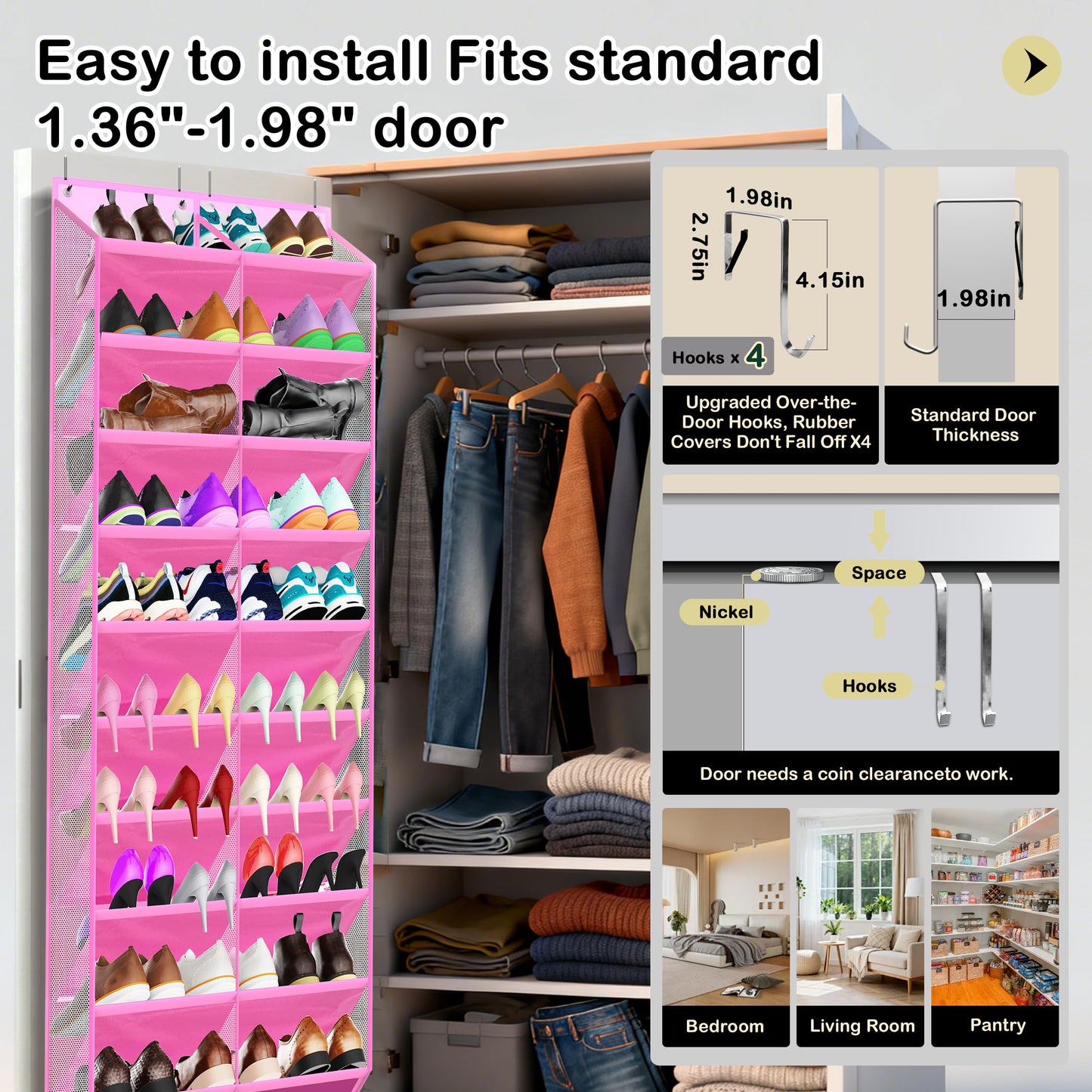 Kotkn 10-Tier Over the Door Shoe Organizer, 20 Pockets Holds 20-30 Pairs, Heavy-Duty Oxford Fabric with Hexagon Mesh for Boots & Sneakers- Pink
