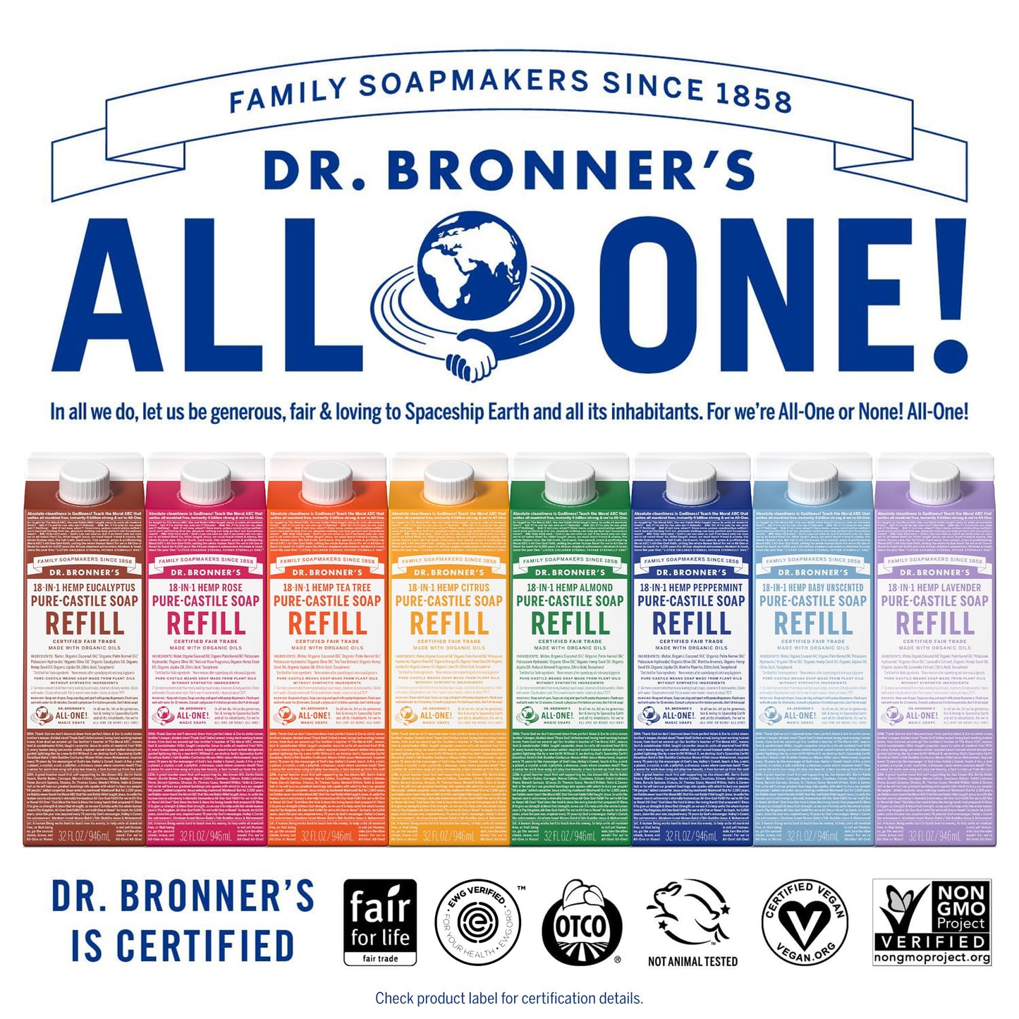 Dr. Bronner's Pure-Castile Liquid Soap Refill (Baby Unscented 32oz, Pack of 2)