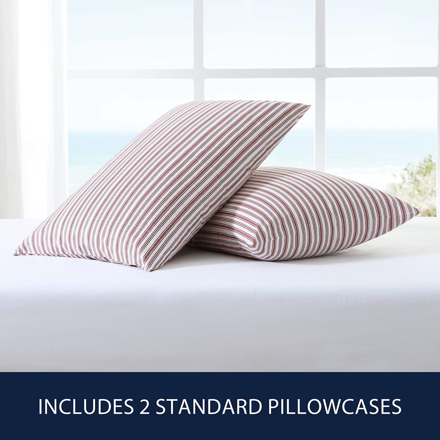 Nautica - Standard Pillowcase Set, 2-Piece Cotton Percale Bedding, Casual Home Decor (Coleridge Stripe Red, 20" x 30")