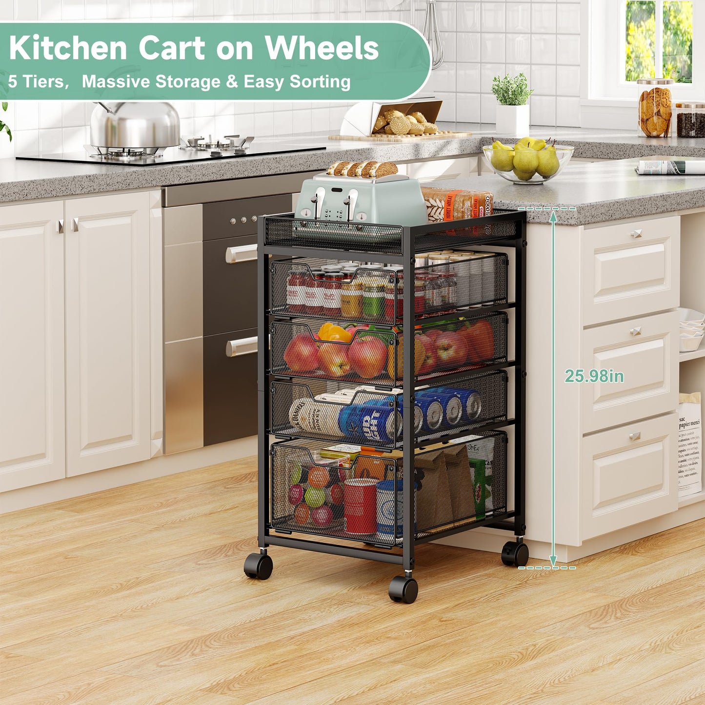 keomaisyto 5-Tier Kitchen Storage Cart with Top Basket & Drawers, Fruit and Vegetable Storage Rack on Wheels, Metal Rolling Cart with Drawers & Kitchen Organization for Snacks, Potatoes, Onions, Cans