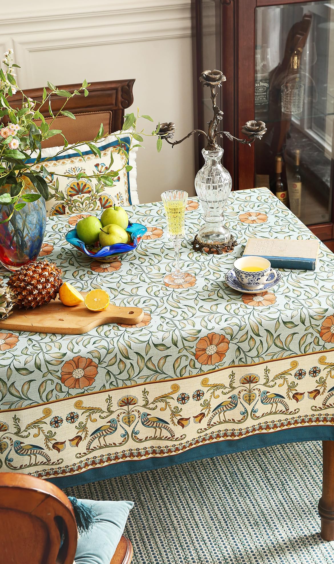 patdrea Designer French Rectangle Table Cloth,Blue Italian Floral Tablecloths,Provencal Country Spring Summer Linen Tablecloth,Wrinkle Free Table Cover for Kitchen Dining,Christmas,55" x 71"