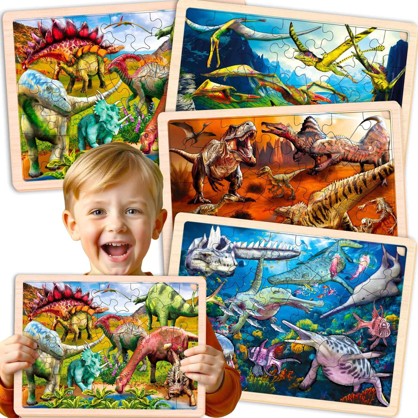 QUOKKA 4x36 Dino Puzzles for Kids Ages 4-6 - 36 Pieces Realistic Wooden Montessori Toddler Puzzles for Ages 3-5