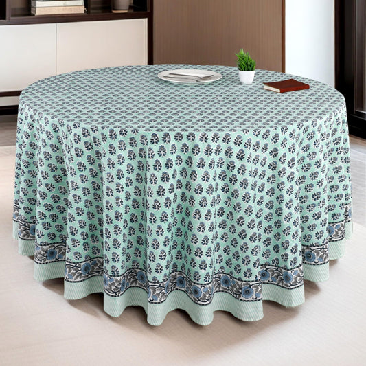 CPC Round Tablecloth- Cotton Indian Block Print Tablecloth -Handmade Printed Washable Cotton Table Cloth - Spring/Summer, Wedding Table Cover - Poppy Blue 90 Inches