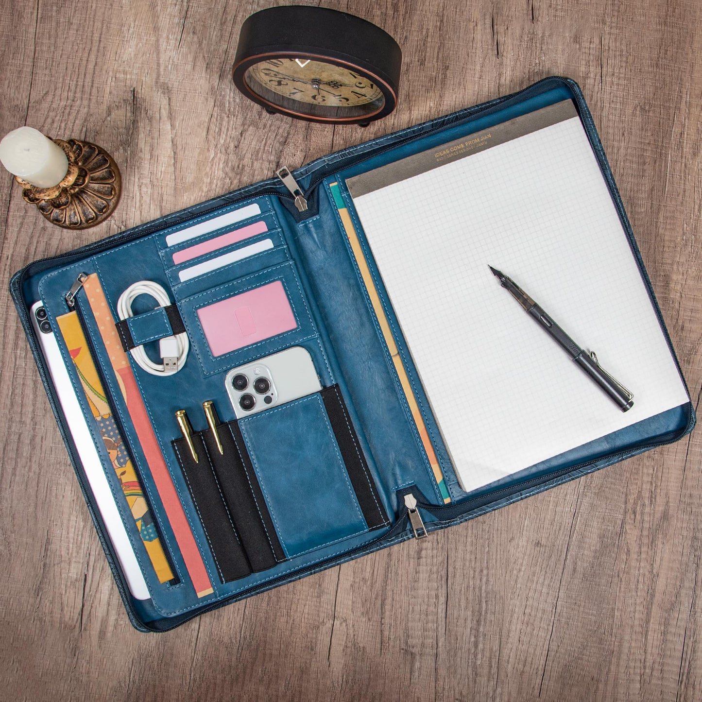 SUCCEWISHER Embossed Vegan Leather Portfolio for Women,Professional Organize Padfolio with A4 Notepad Holder,Professional Business Document Organizer for Women (Blue)