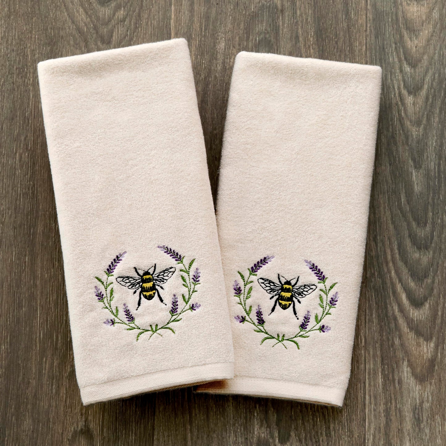 SKL Home Bee Lavender 100% Cotton Embroidered 2pc Hand Towel Set, Decorative for Bath/Kitchen/Bar & Gift, Natural
