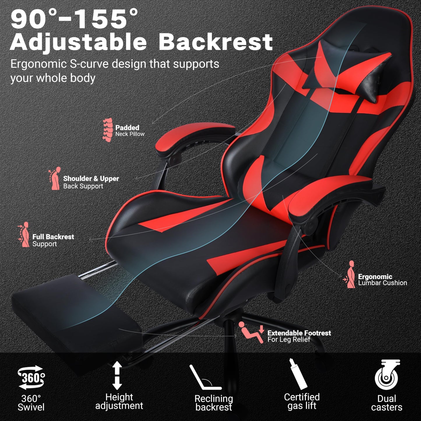 ZABINS Gaming Chair with Footrest and Lumbar Support, Height Adjustable Chair with 360°Office Desk Chair,Heavy Duty 330lbs Computer Chair for Adults