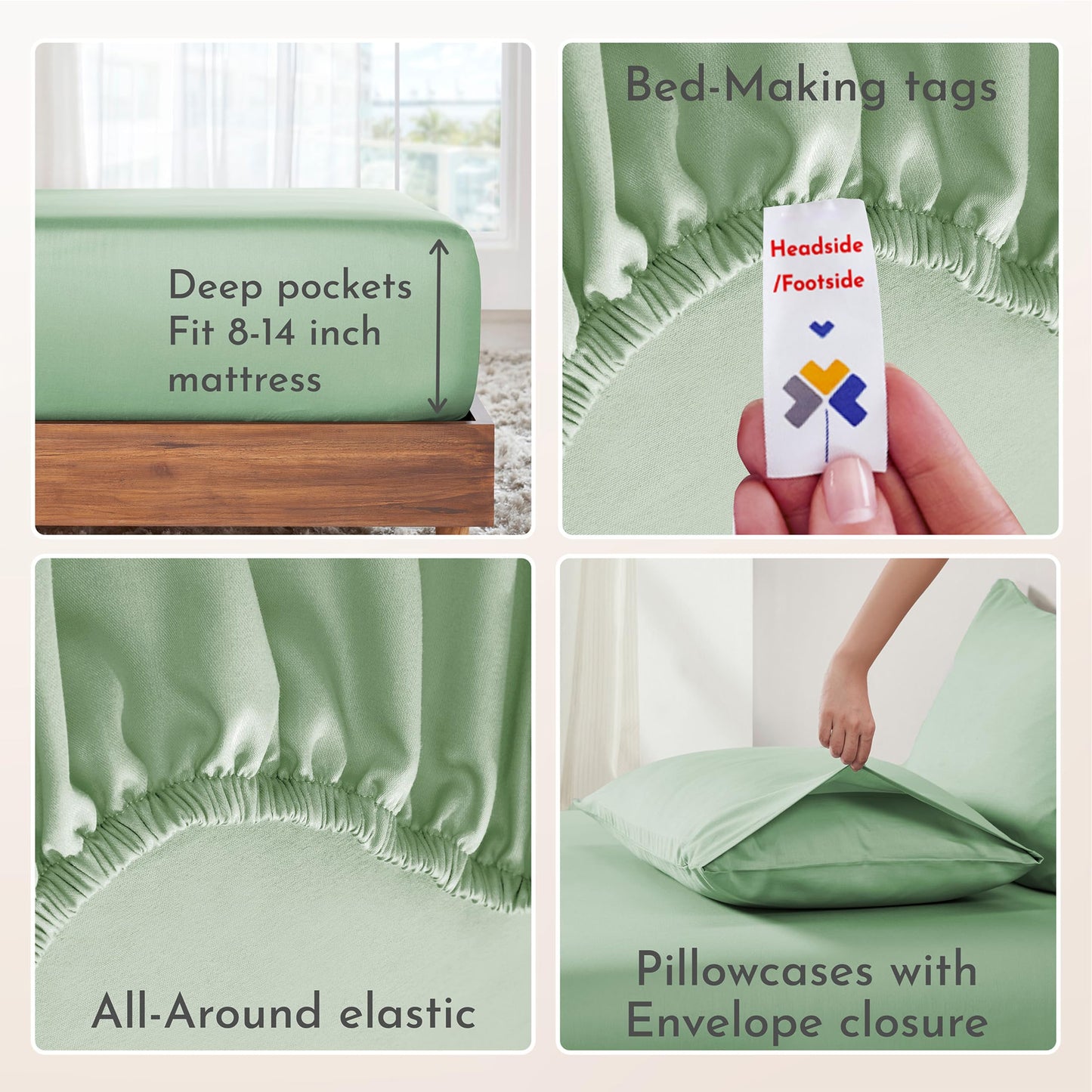 California Design Den Deep Pocket Queen Sheets Set - Natural 100% Cotton Bed Sheets, Soft Sateen Weave, All Around Elastic, Breathable and Durable Bedding - Frosty Green
