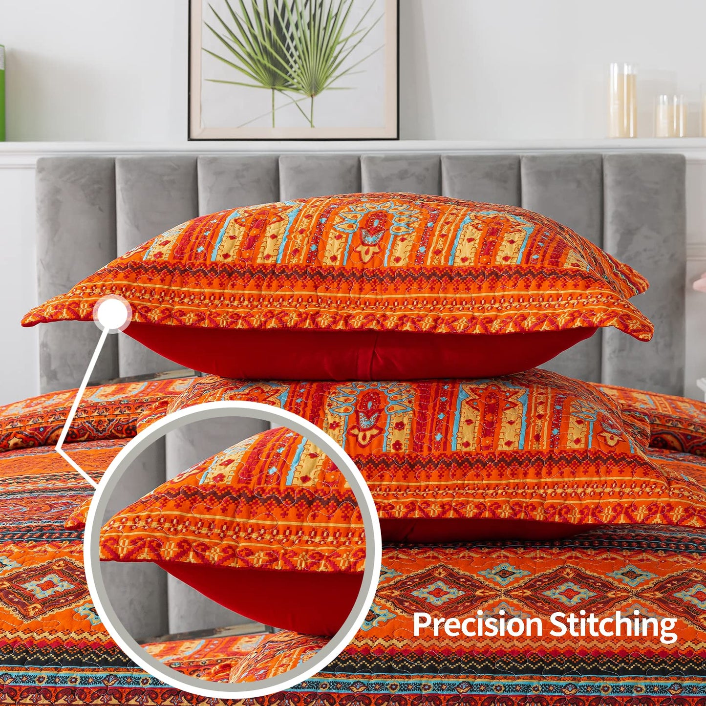VAPUTAR Cotton Quilt King Size Bedding Set - 3 Pieces King Quilt Bedding Set, Boho King Size Quilts, Lightweight Reversible Coverlets Bedspreads for Farmhouse Bedroom (Red/Orange)