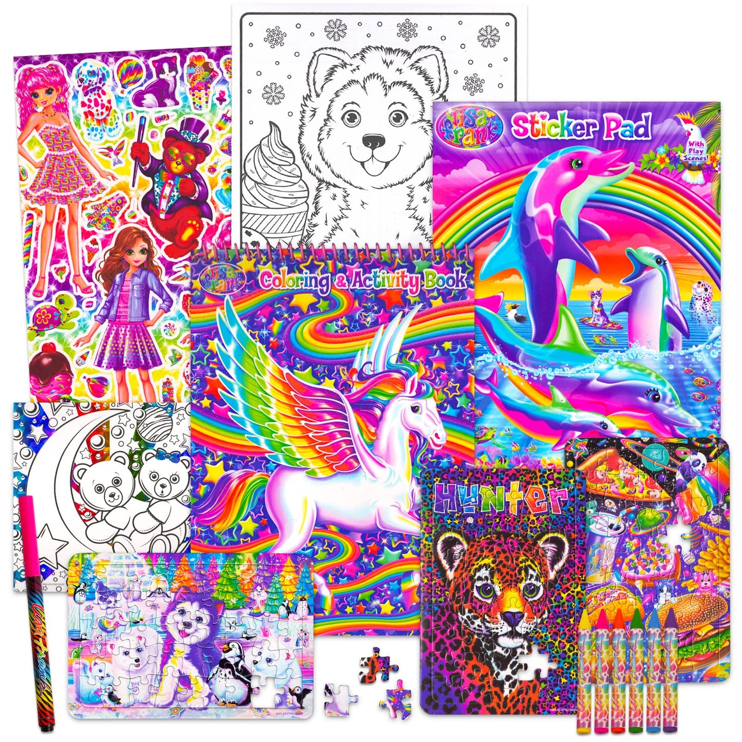 Coloring Book and Stickers Set - Giant Lisa Frank Coloring and Activity Fold-Out Storage Case for Girls, Kids, Adults (Lisa Frank Party Supplies)