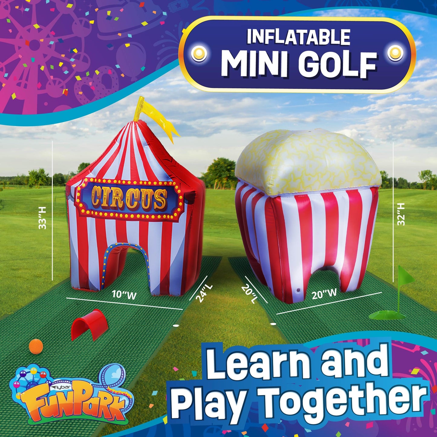 FunPark Inflatable Toddler Mini Golf Set, 13 Pieces, Adjustable Clubs, Green Mats, Putting Cups, Obstacles, Indoor/Outdoor Kids Golf Set for Boys and Girls