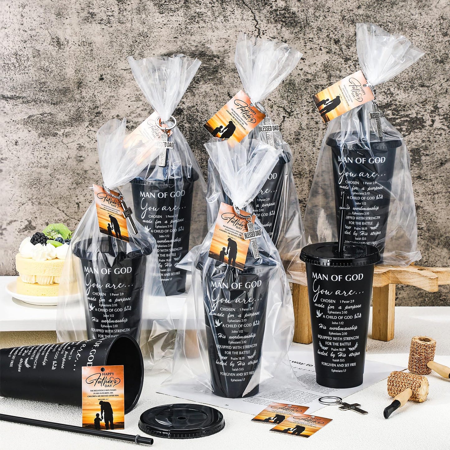 Skylety 24 Sets Father's Day Cup Gift Set Inspirational Christian Gift Bible Verse Tumbler Bulk Cups with Lids and Straws 24 oz Plastic Tumbler Religious Plastic Cup for Church Party Favor