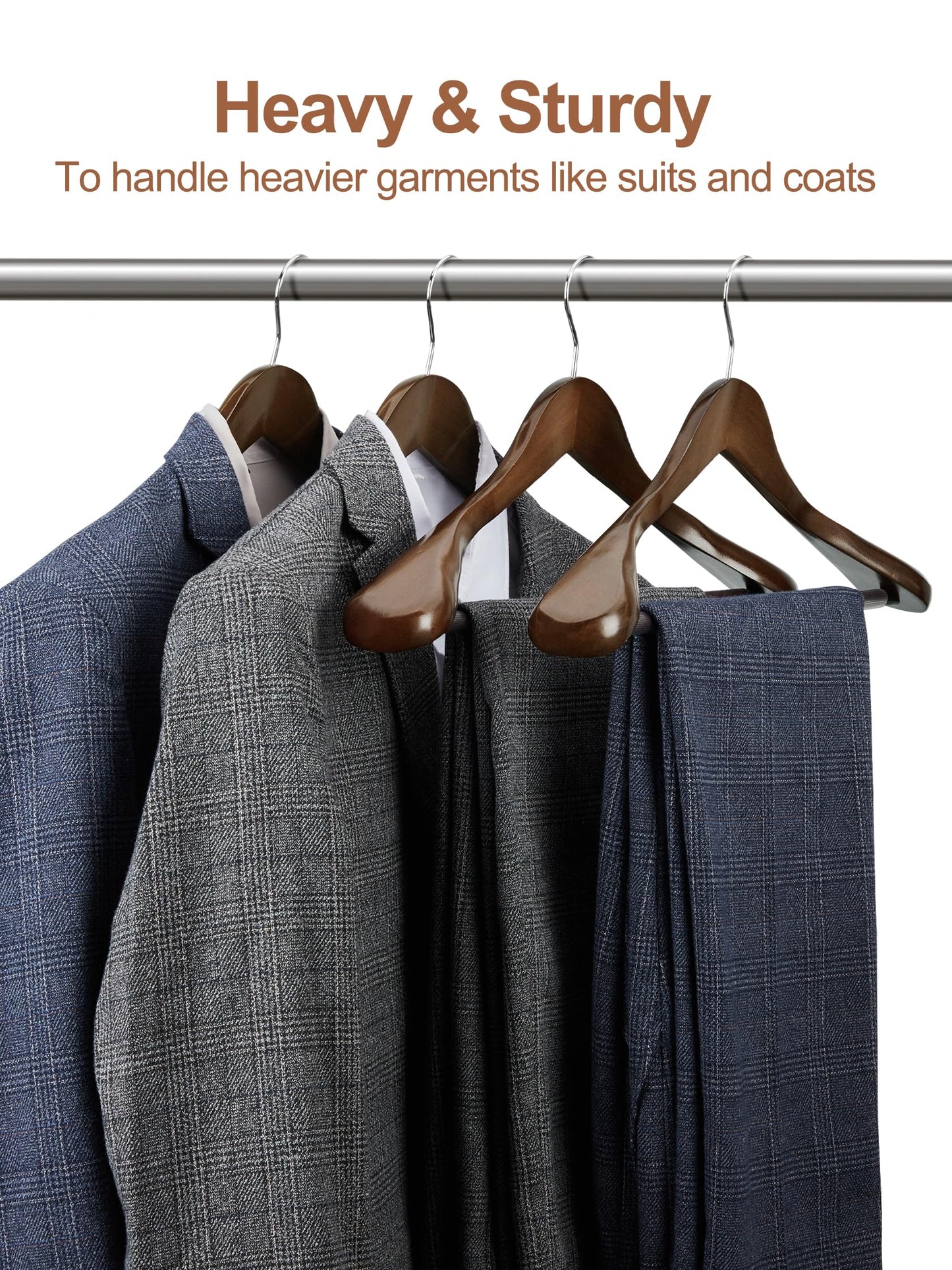 HOUSE DAY Wide Shoulder Wooden Hangers 12 Pack, Wood Suit Hangers for Men with Non Slip Pants Bar, Smooth Finish Solid Wood Coat Hanger for Jacket, Pants, Dress, Heavy Clothes Hanger (Walnut)