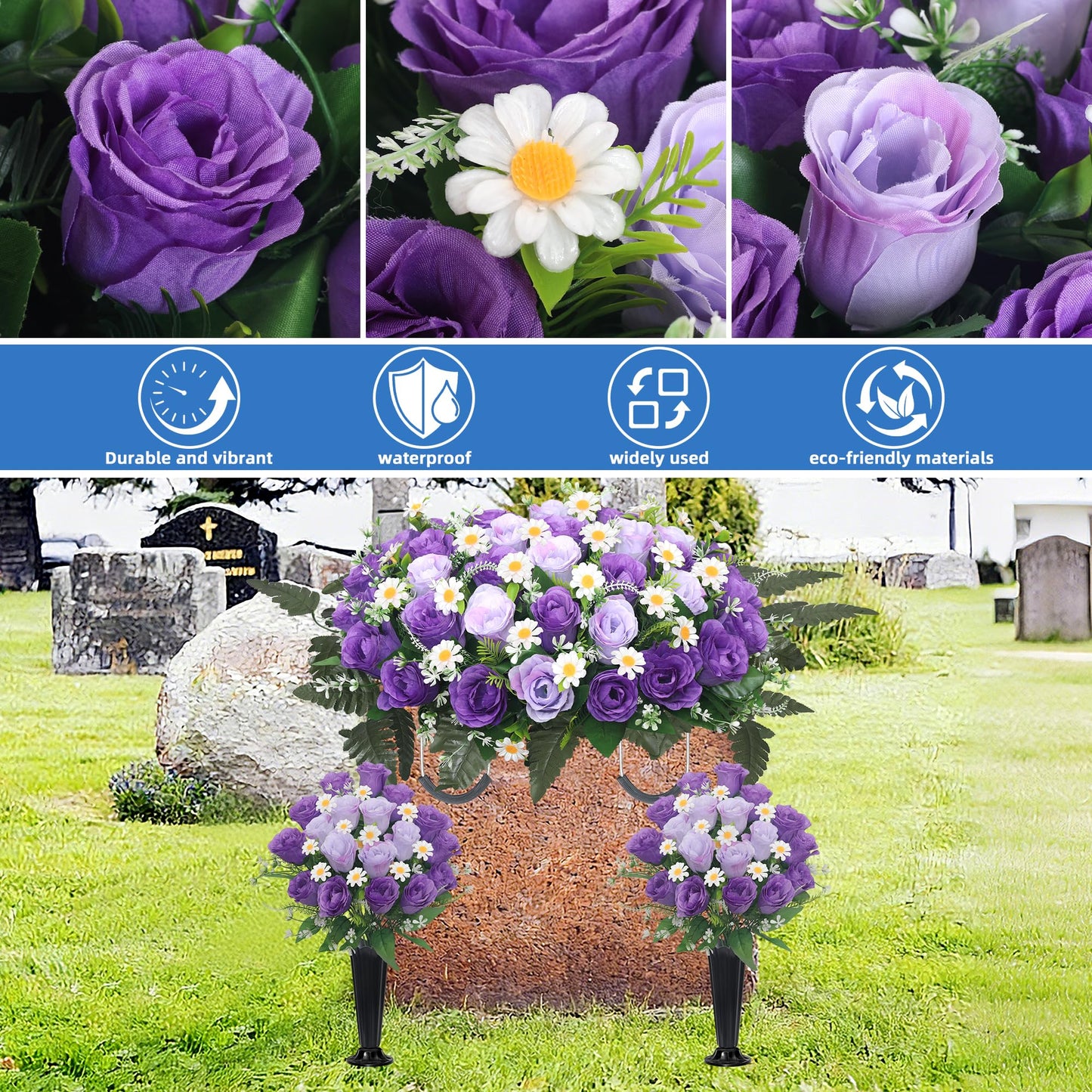 Wocst Headstone Flower Saddle,Large Artificial Cemetery Flowers for Grave 2Pack Artificial Silk Roses Daisy Bouquets with Cemetery Vases for Outdoor Grave Decorations (Purple)