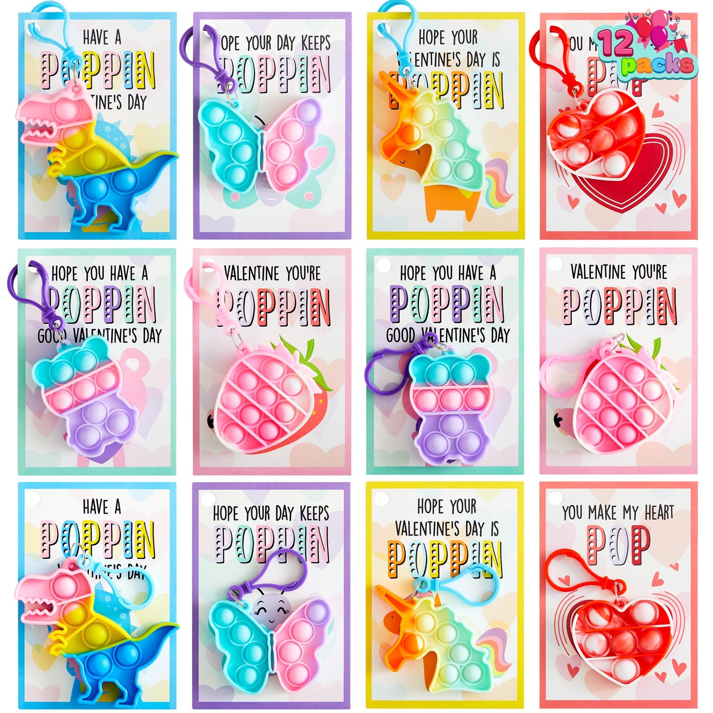 JOYIN 12 Packs Valentine's Day Cards with pop Keychain Toys, Stress Anxiety Relief Toys with Cards for Kids Valentine's Classroom Exchange Prizes, Valentine's Day Party Favors