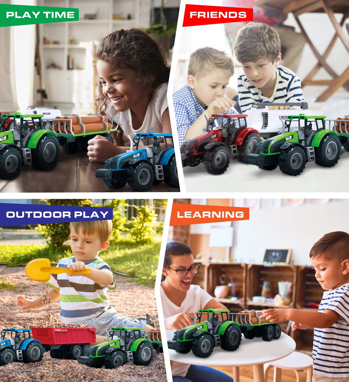Mozlly Friction Powered Farm Tractor Vehicles, 16.5" Includes Farmer Tractor Water Tank and Log Trailer, Push & Go No Batteries Needed Farming Toys Playset for Boys Kids Toddlers (3pc Set)