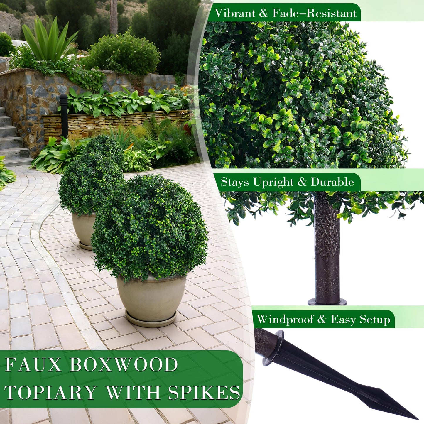 FONYICK 28 Inch Artificial Boxwood Trees, 2 Sets Faux Boxwood Topiary with Spikes, Pot Filler Fake Shrubs Plants for Outdoor Planters, Round Topiary Bush Balls Front Porch Home Garden Spring Decor