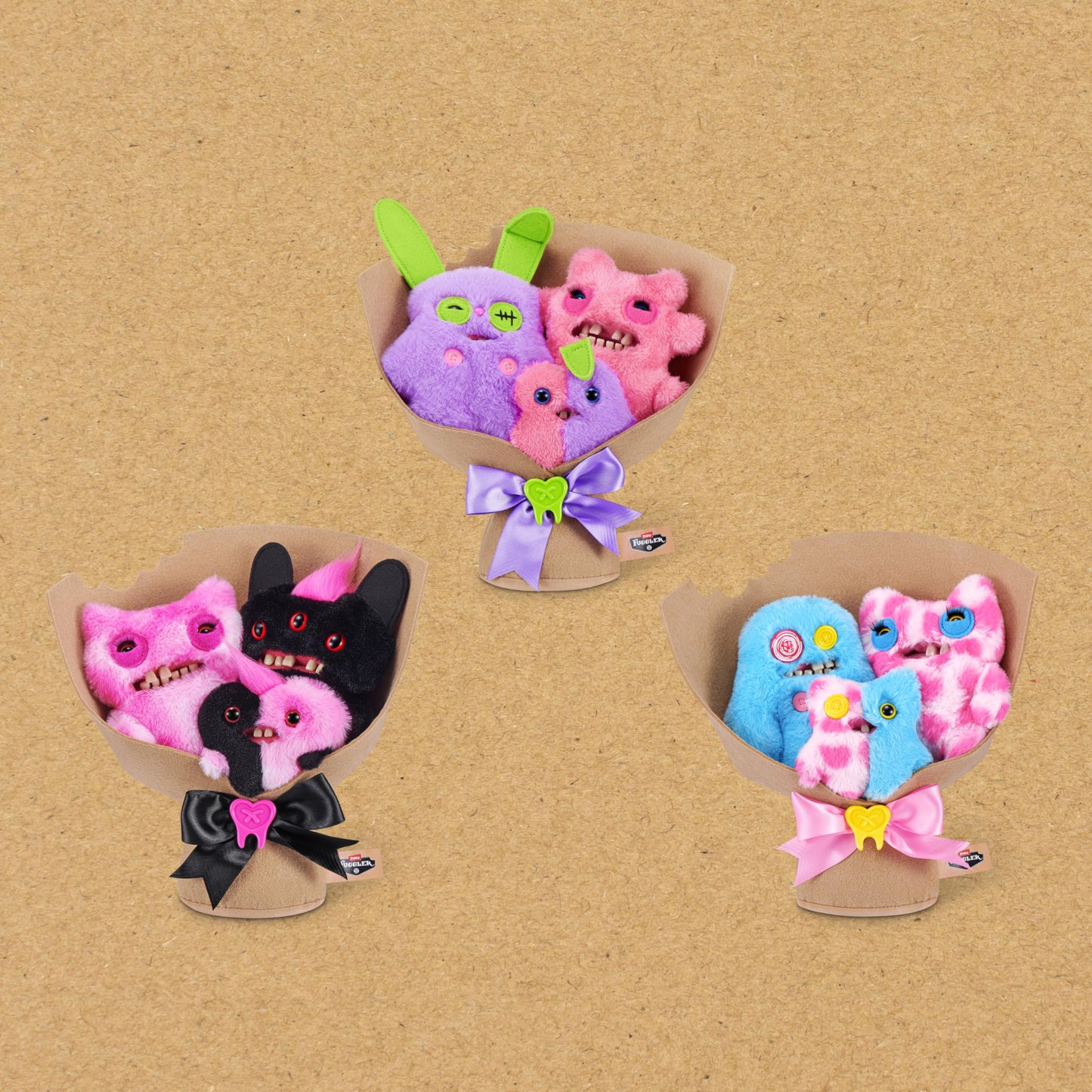 Fuggler Bouquets 2 x 9 Inch + 1 x 3.5 Inch Plush Set (Munch Munch, Reek-o, Munch-o) by ZURU, Funny Ugly Monster Designs, Two Full-Size + One Mini Fuggler, Unique Gift for Collectors