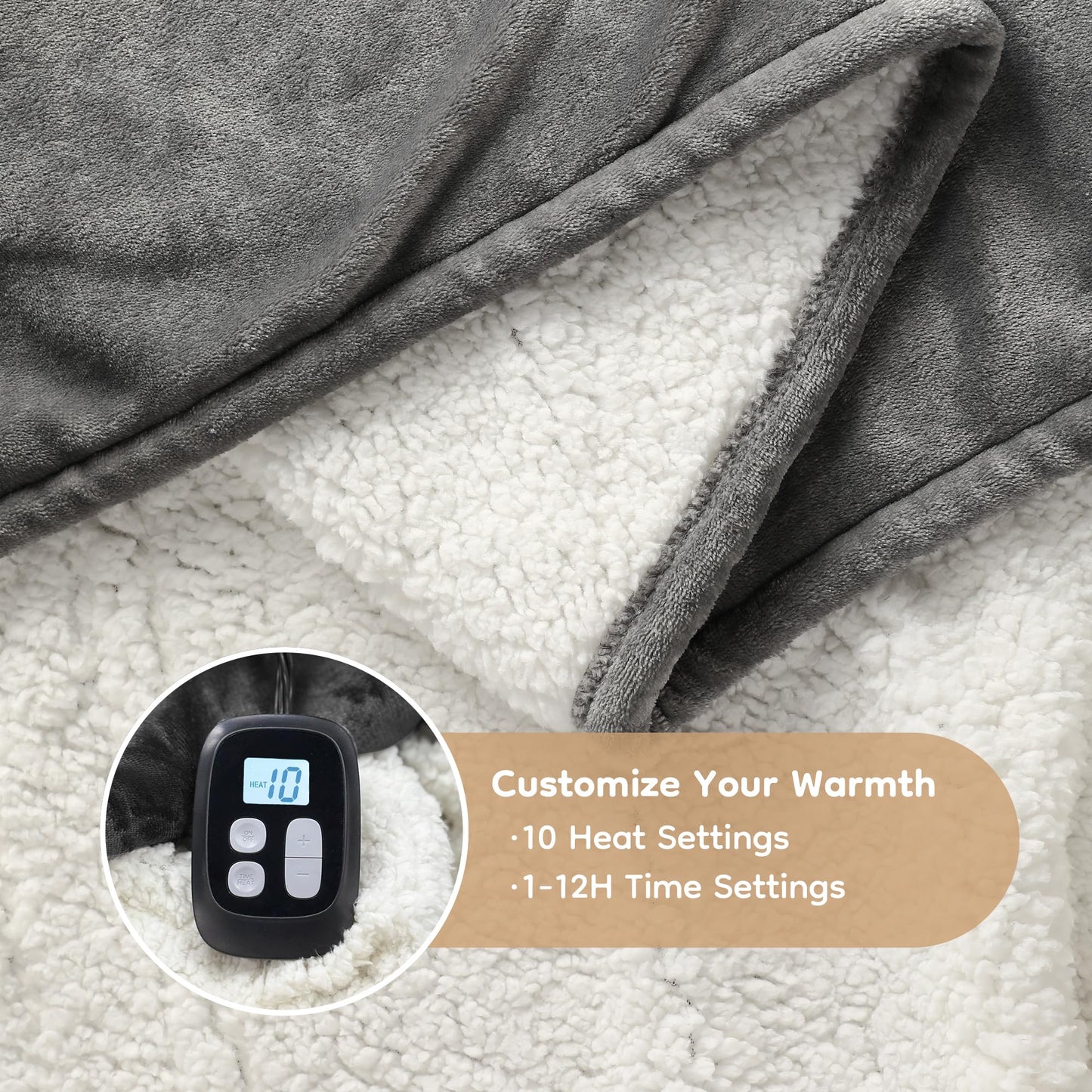 LaffyLo Electric Heated Blanket Full Size 72"x 84", Flannel & Sherpa for Bed, Sofa and Couch, ETL Certified, 10 Heat Settings, 1-12H Timer, Overheat Protection, Machine Washable, Light Grey