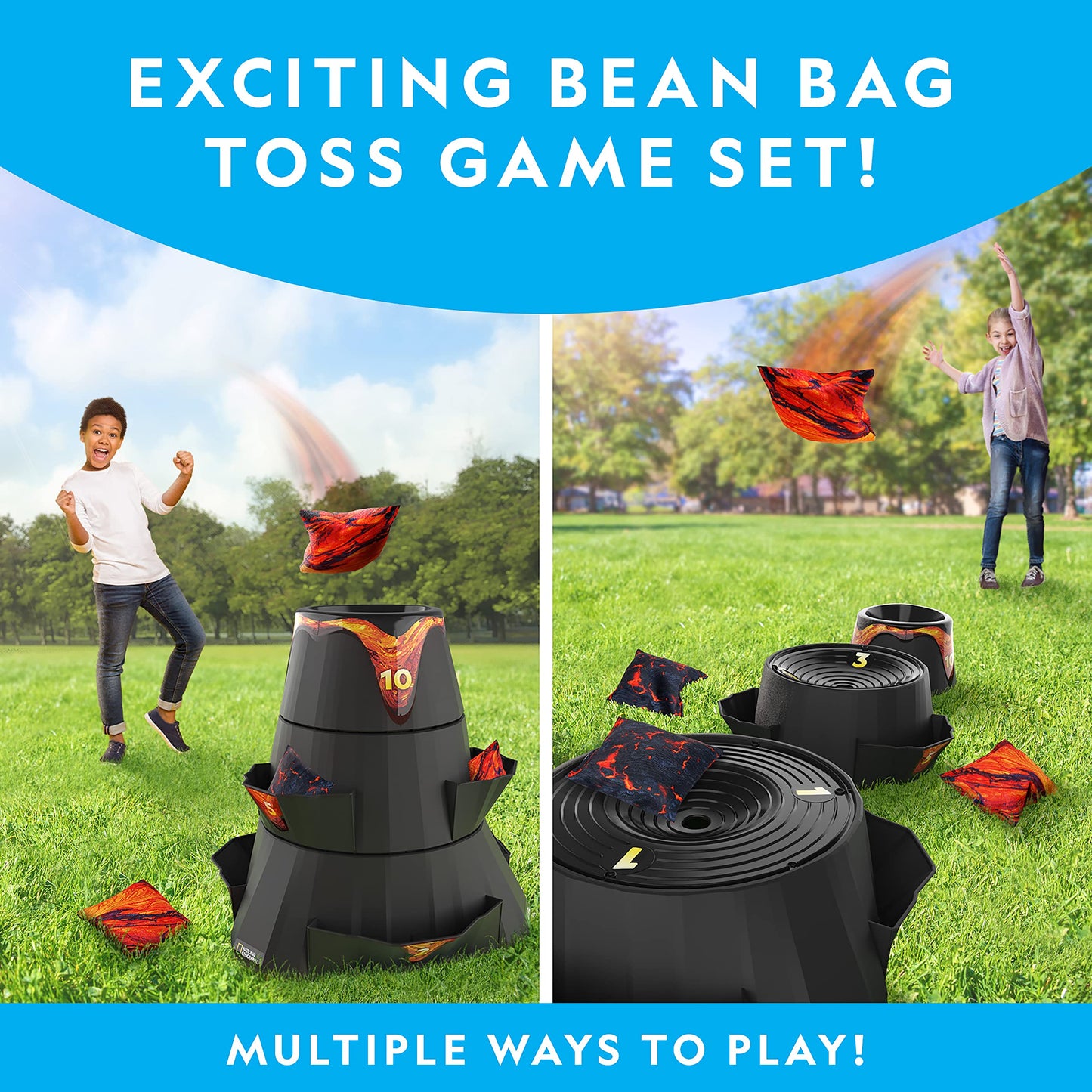 NATIONAL GEOGRAPHIC Volcano Bean Bag Toss Game for Kids - Kids Cornhole with 5 Backyard Games, Bean Bags, Volcano Tower & Decals, Yard Games for Kids, Outdoor Kids Games, Backyard Toys