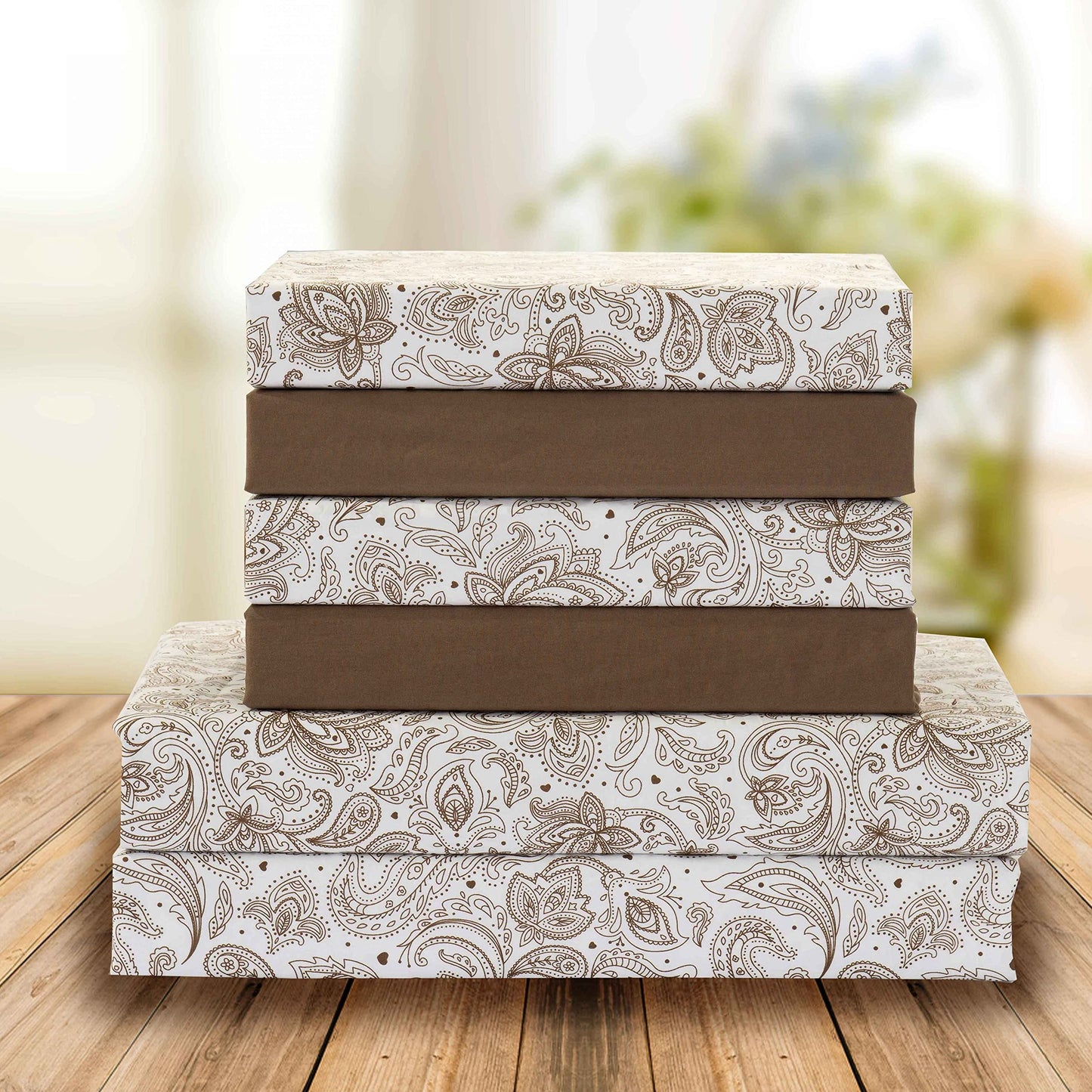 Elegant Comfort Amelia Paisley Printed 6-Piece Sheet Set, Deep Pocket 1500 Thread Count, Fade, Stain, and Wrinkle Resistant, Fitted Sheets with Smart Pockets, Paisley Sheet Set, King, Latte Taupe