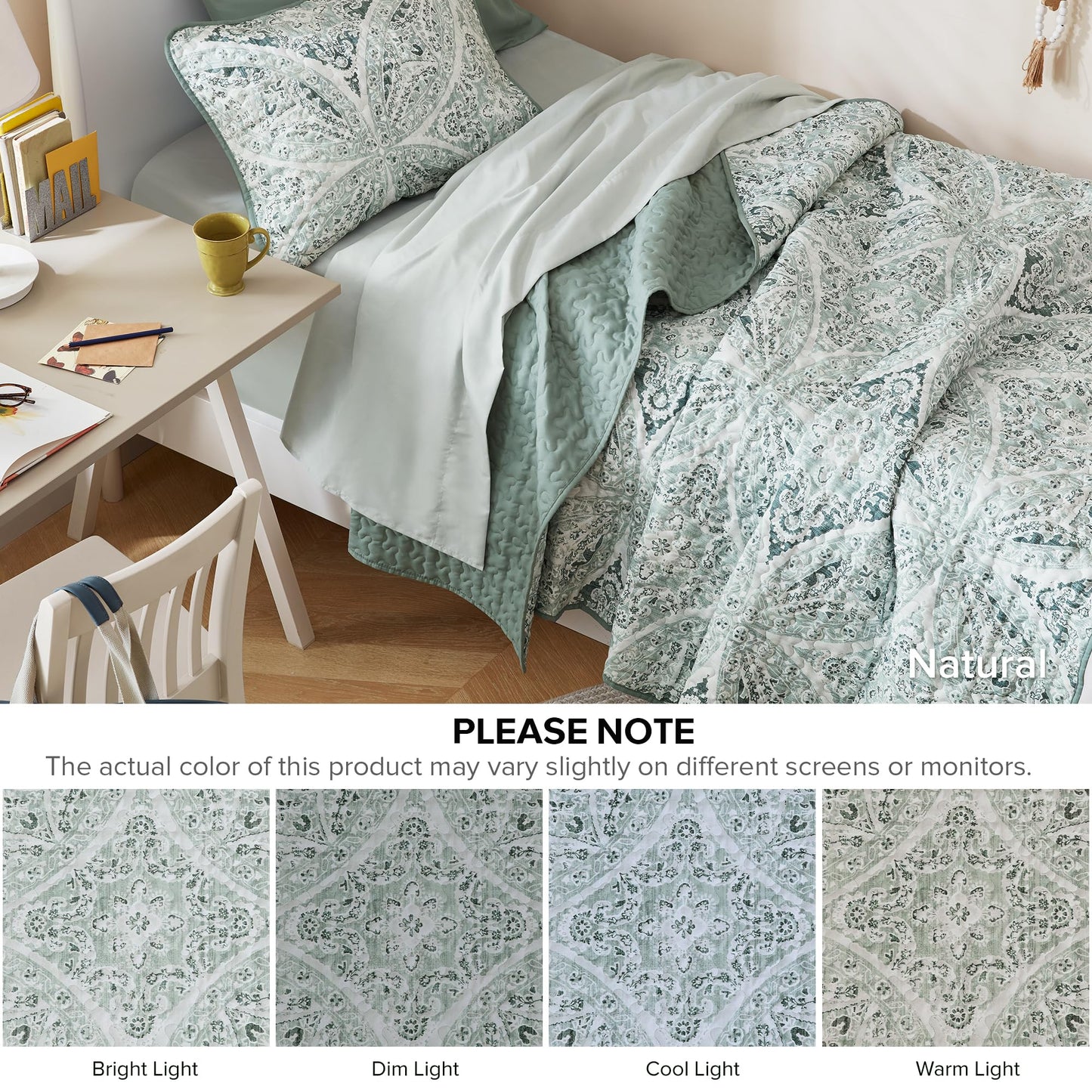 Comfort Spaces Boho Quilt Set Twin Reversible Vermicelli Quilting Twin Size Bed, All Season, Lightweight, Coverlet Winter Layer Bedding, Shams, Gloria, Twin/Twin XL Green 2 Piece