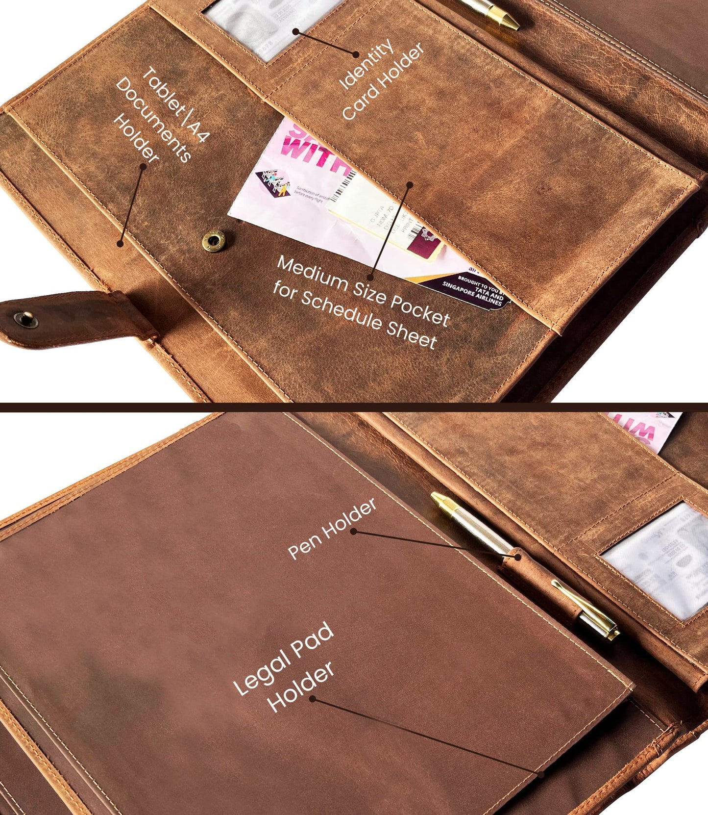 Leather A4 Conference Folder | Professional Organizer for Men and Women | Handmade Durable Leather Portfolio with Sleeves for Documents and Notepad by Rustic Town (Brown)