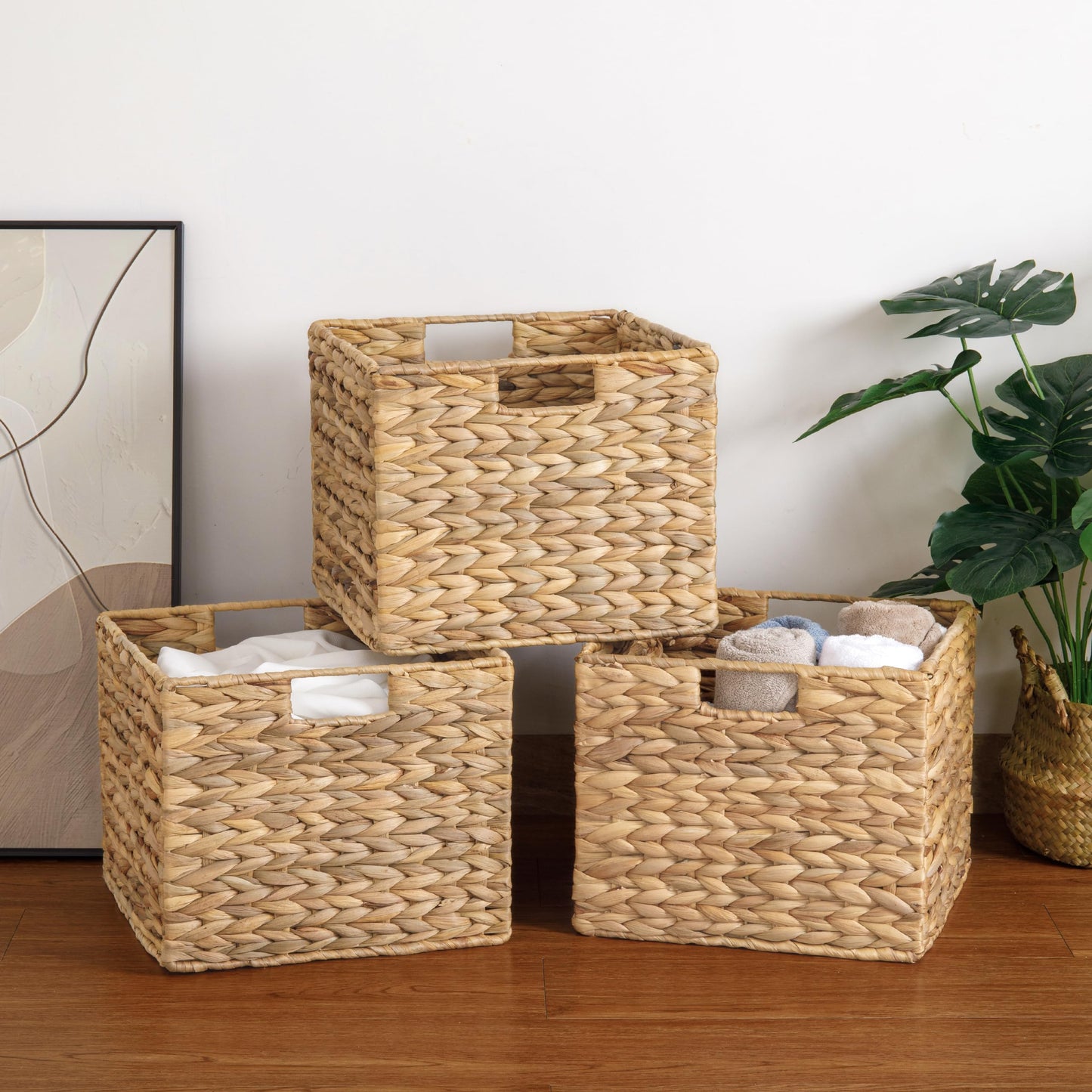 12X12X10in Water Hyacinth Storage Baskets, Wicker Storage Cubes Set of 3, Kitchen Baskets for Pantry Organization, Foldable Square Baskets for Shelves