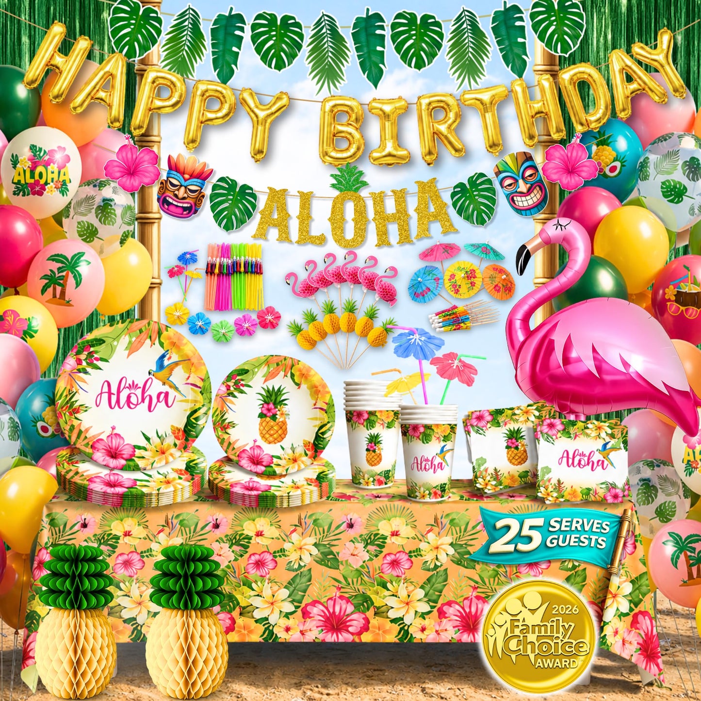 RainMeadow Premium Luau Birthday Party Decorations Set for 25 guests - Hawaiian Theme with Aloha Banner, Balloons, Flamingo, Tableware - Tropical Luau Party Supplies