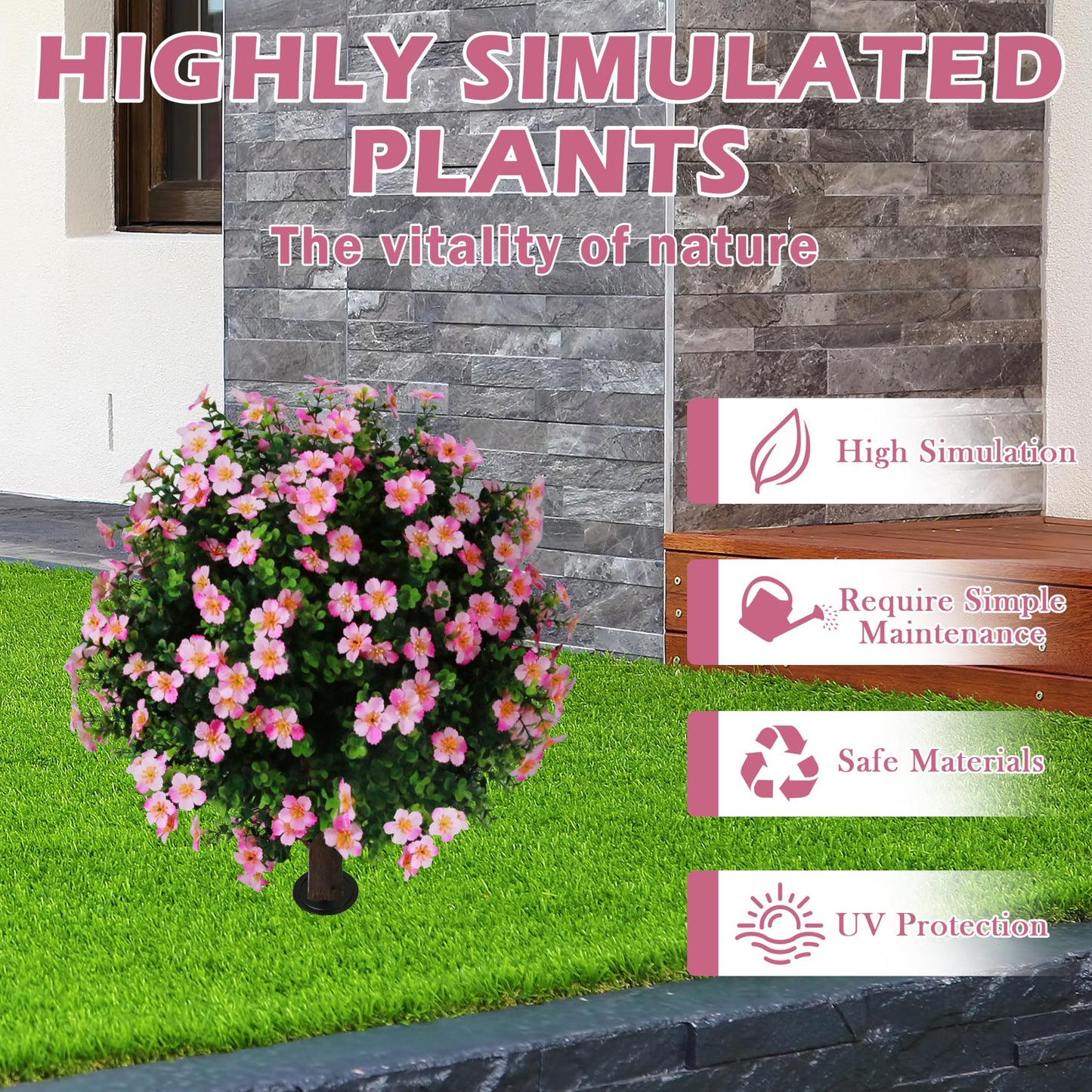 Sunnyglade Set of 2 Artificial Boxwood Topiary Ball Trees with Pink Flower, Faux Shrub Bushes with Ground Spike 25.5", UV Resistant Fake Boxwood Plants for Indoor, Garden, Porch, Patio Decor (Pink)