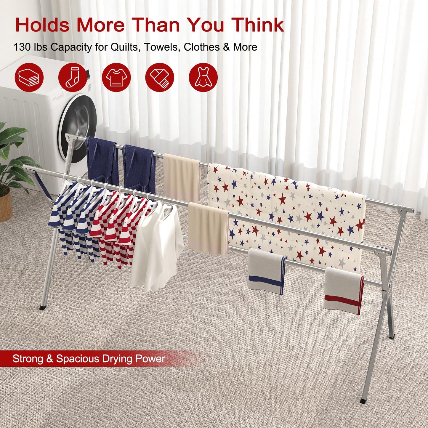 SOLVESTIS Clothes Drying Rack, Heavy-Duty Folding Laundry Drying Rack for Indoor Outdoor Use, 50.4-78.7" Extendable Stainless Steel, Space-Saving Design, Foldable Freestanding Airer