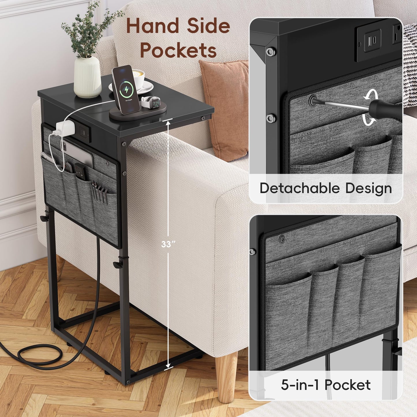 Vagusicc C Shaped End Table with Charging Station, Tall C Table End Table Adjustable Height Side Table for Couch, Small Couch Table Slide Under Sofa Table TV Tray Table for Living Room, Bedroom, Black